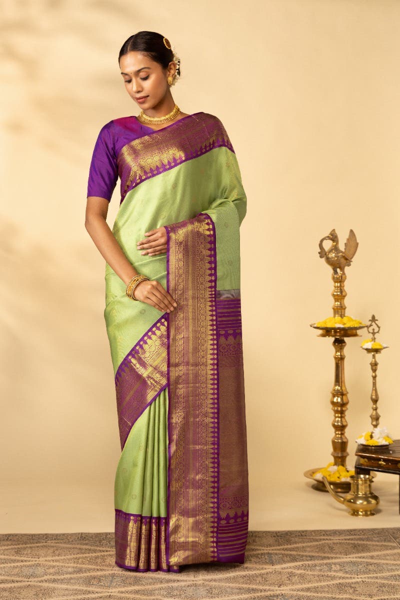 Anugraha-Pista Green Kanchipuram Silk Saree - Image 2