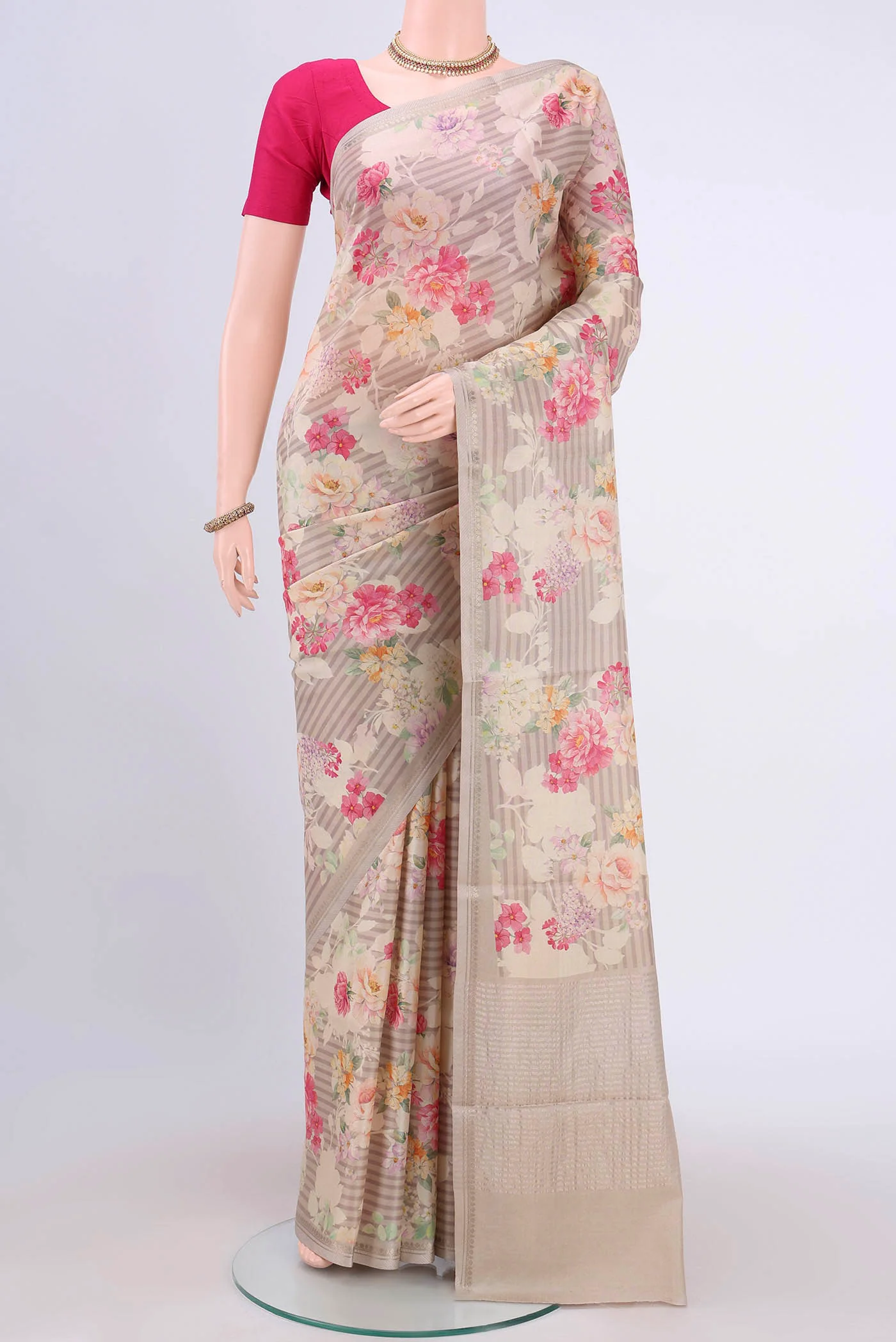 Beige Tussar Silk Saree