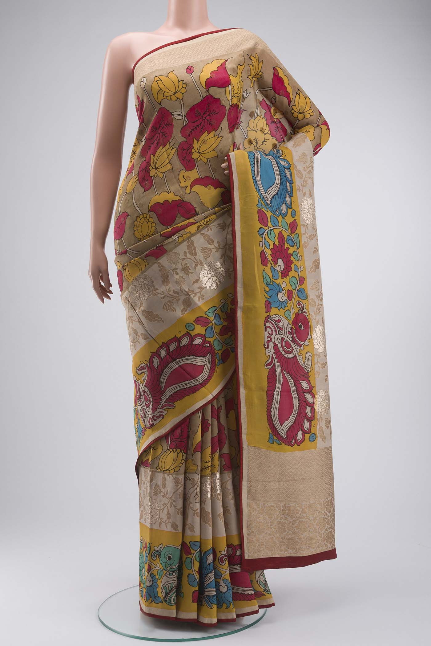 Beige Kalamkari Cotton Saree