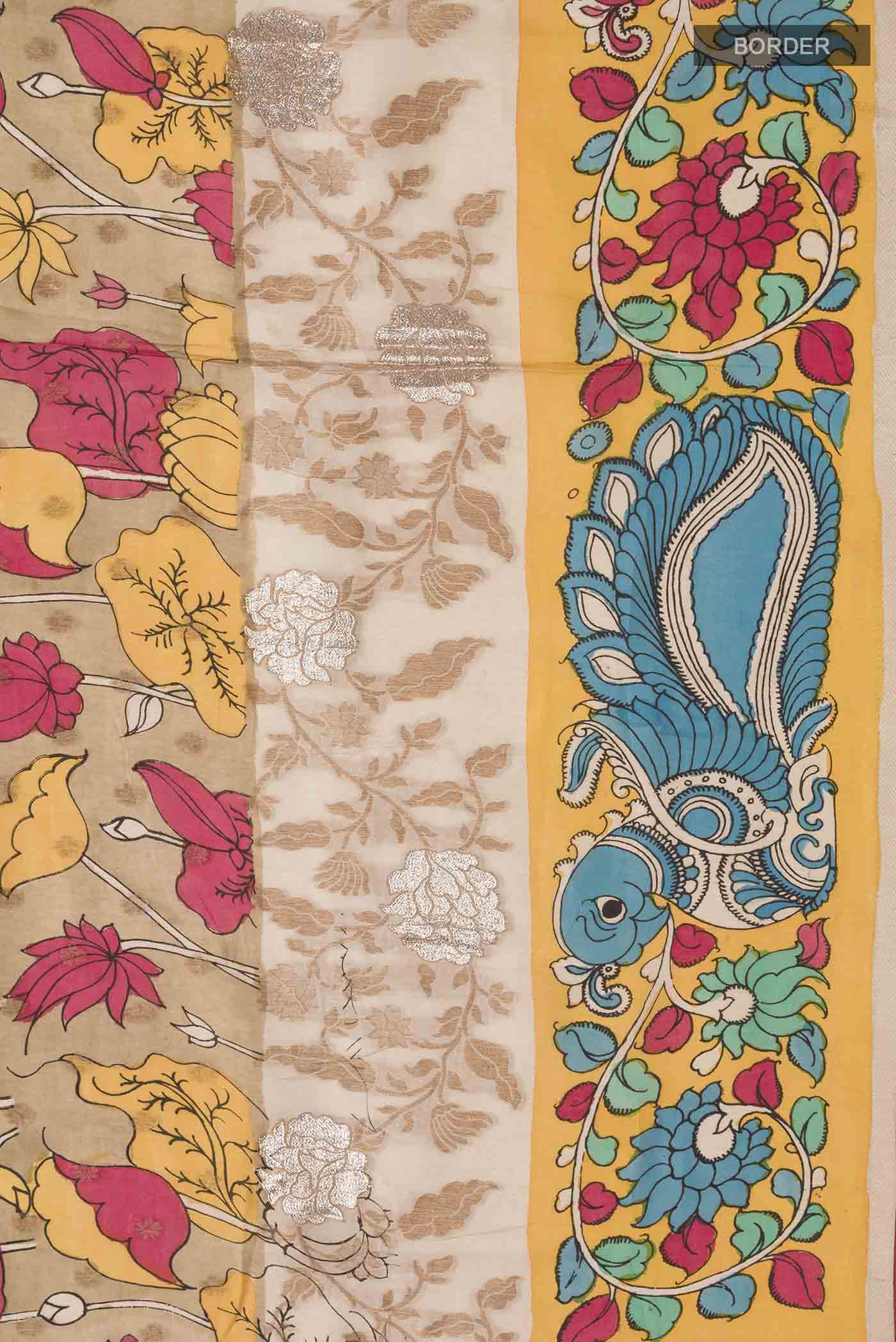 Beige Kalamkari Cotton Saree - Image 3