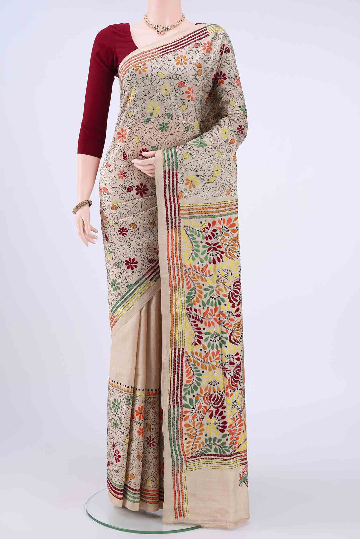 Beige Kantha Silk Saree