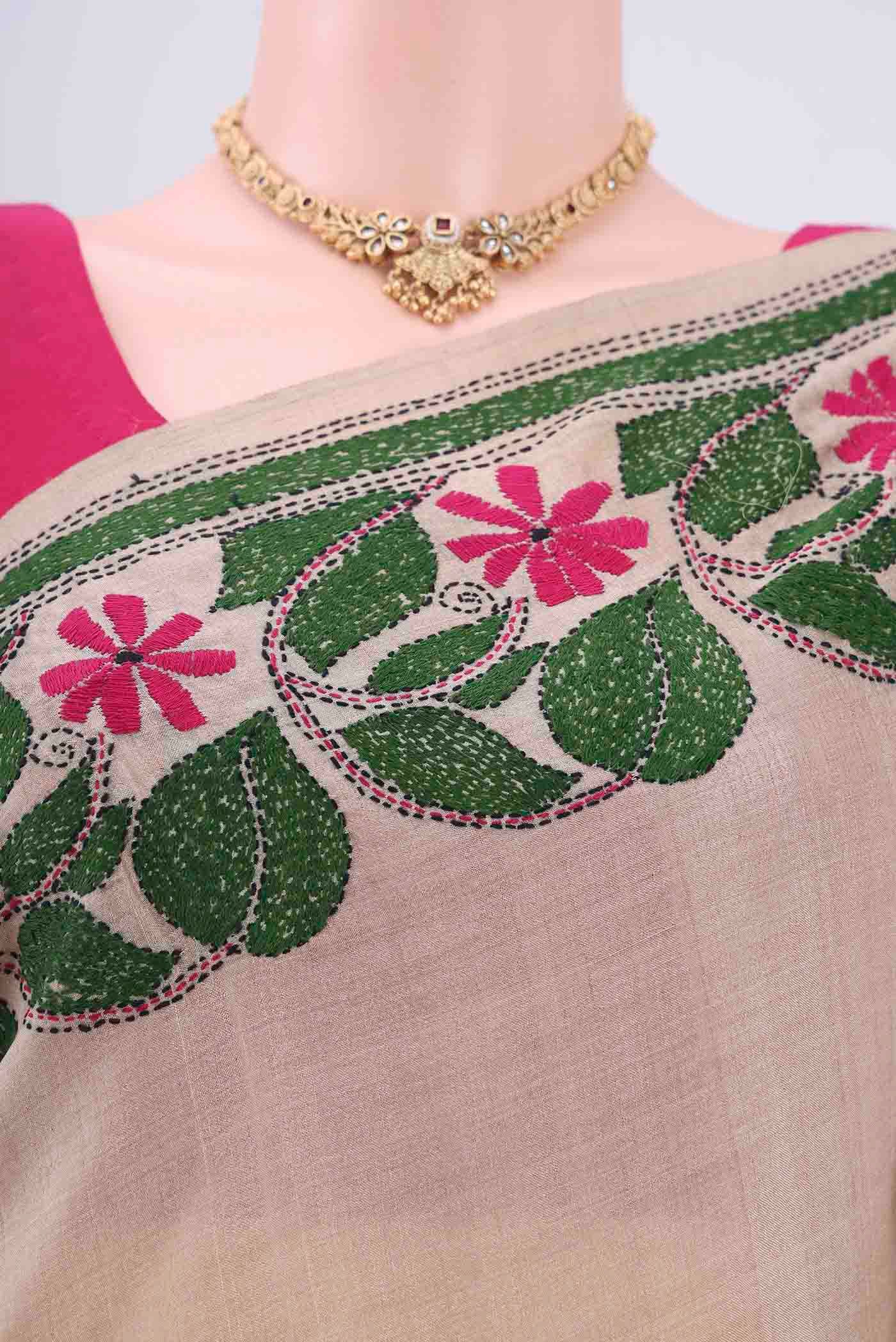 Beige Kantha Silk Saree - Image 2