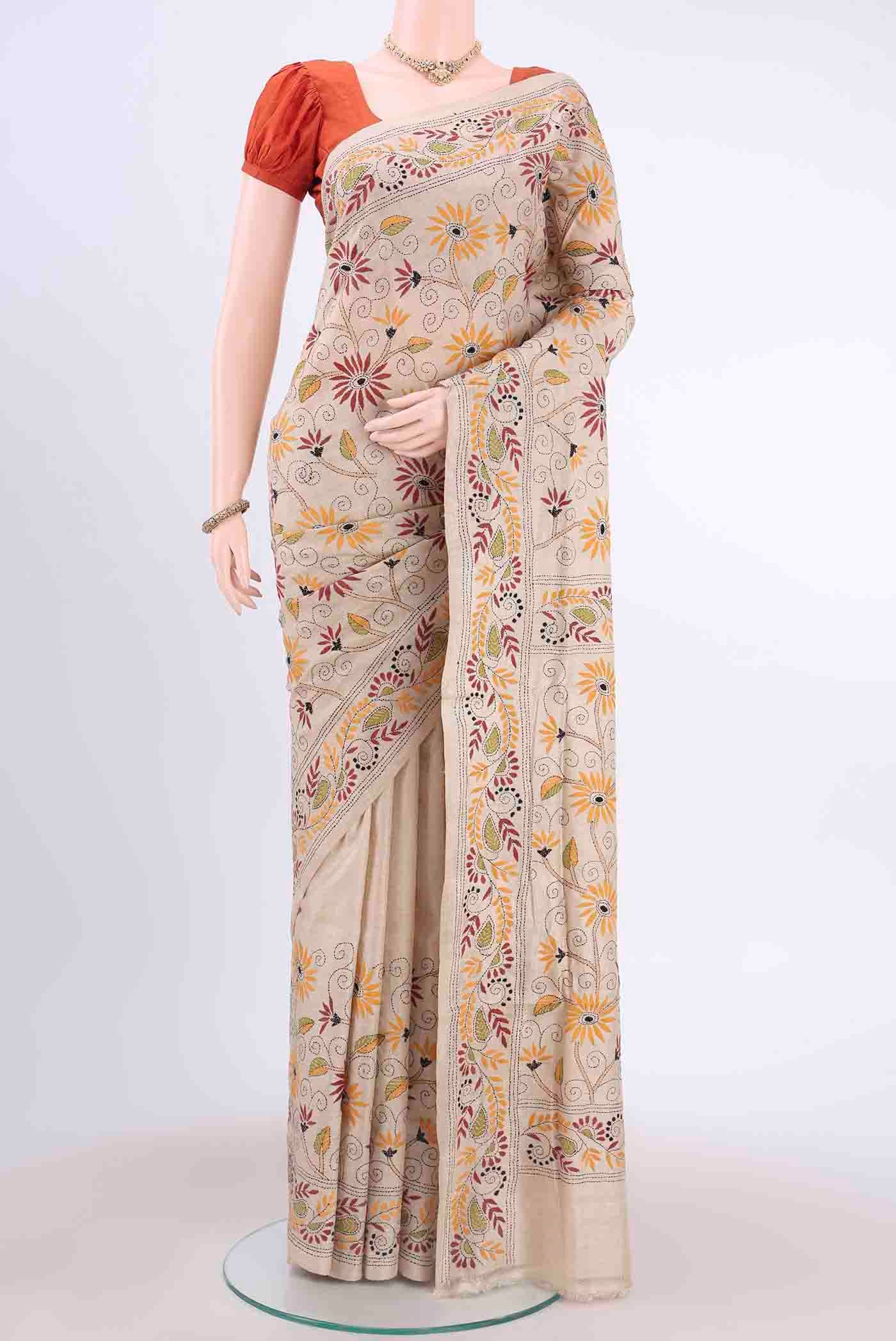 Beige Kantha Silk Saree