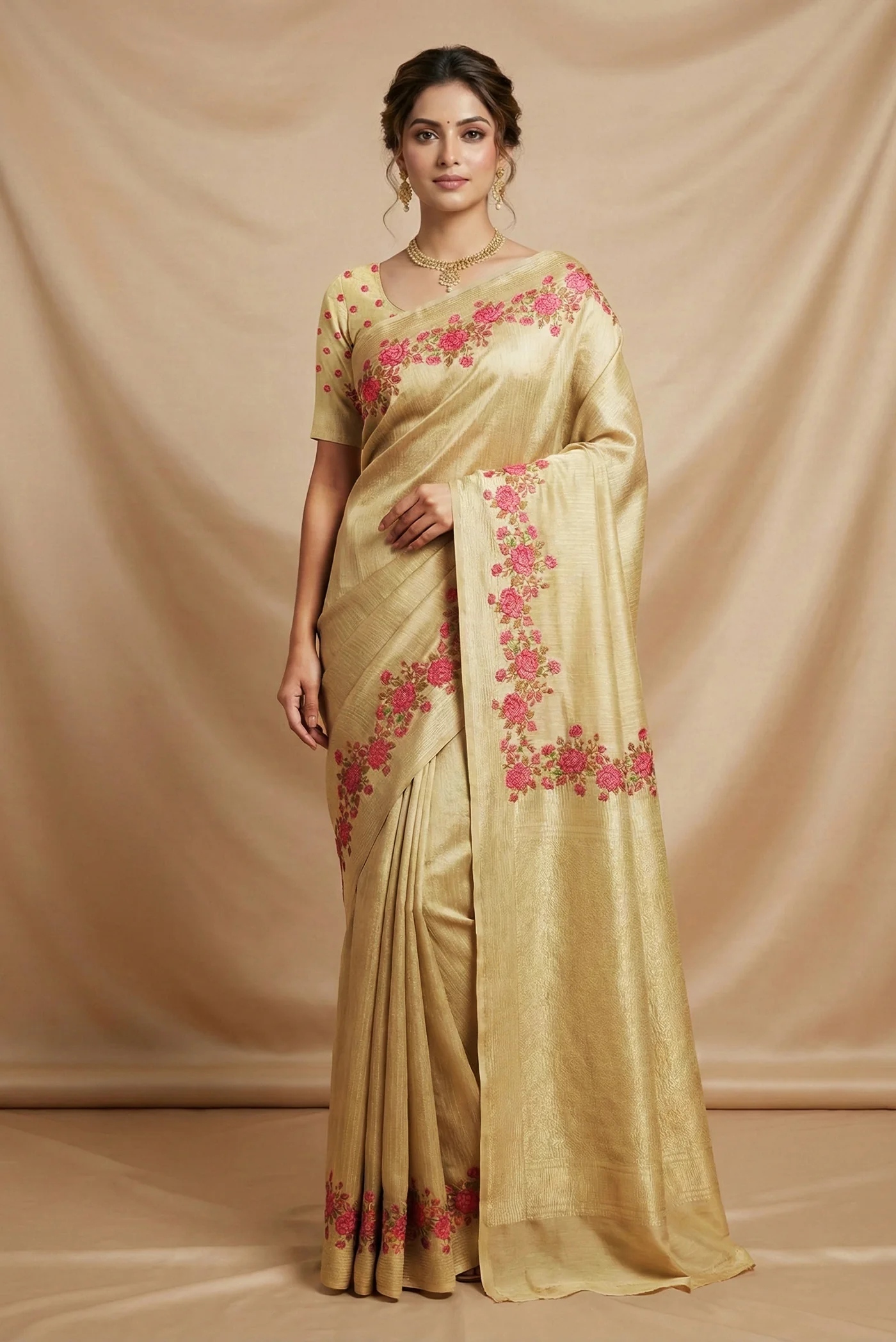 Beige Mysore Crepe Saree