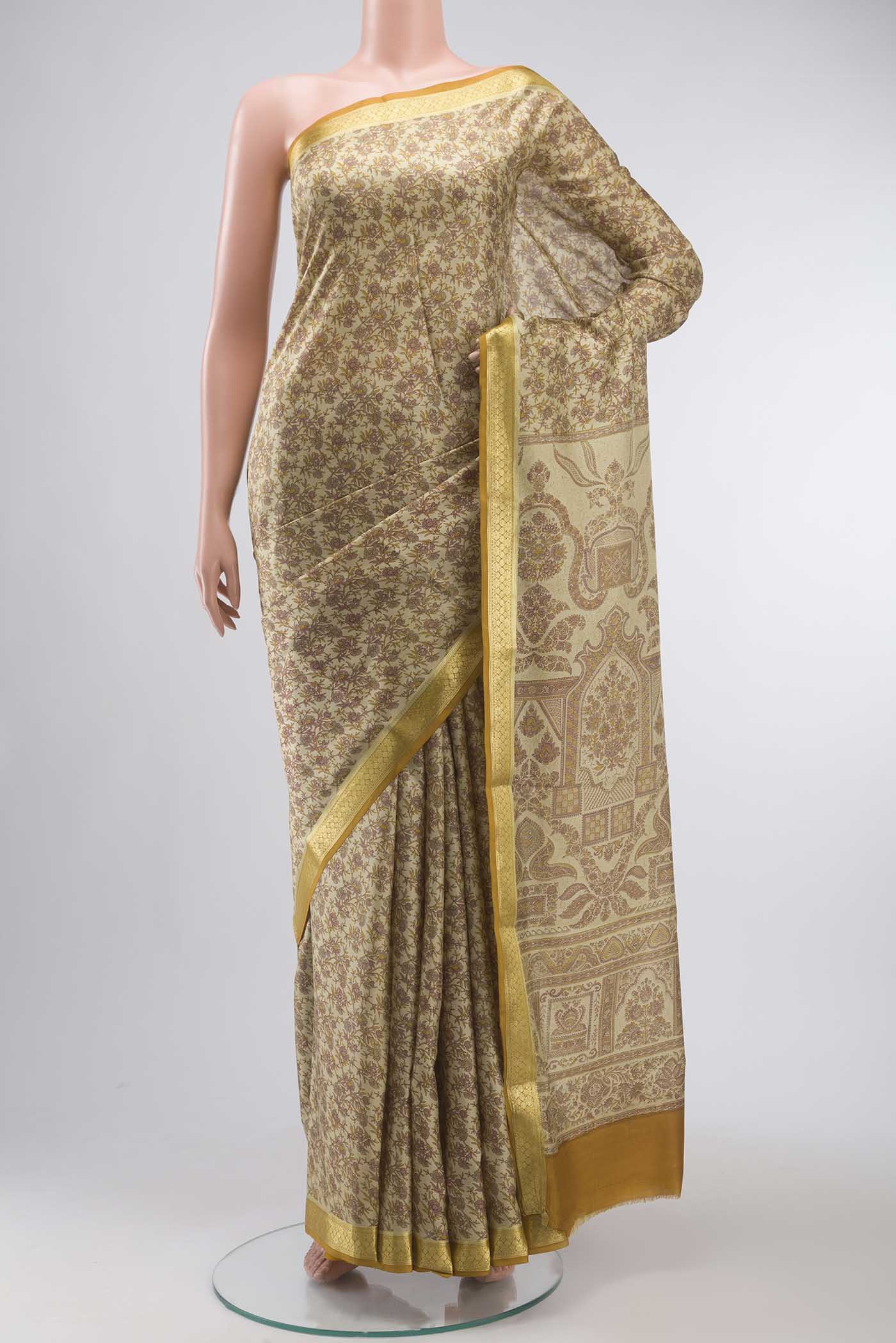 Beige Printed Silk Saree