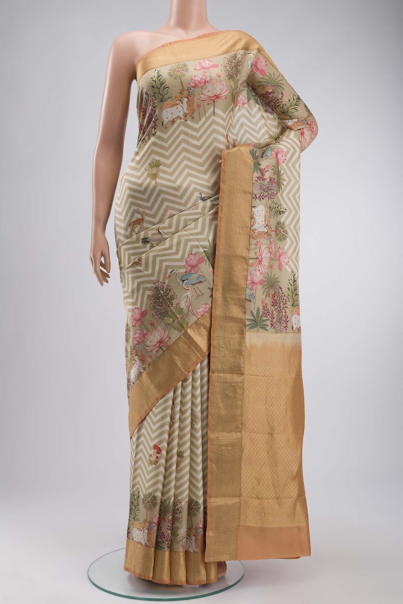 Beige Printed Silk Saree