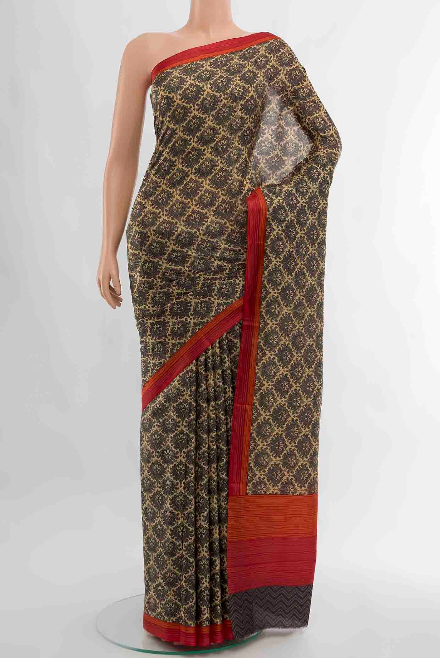 Beige Printed Silk Saree