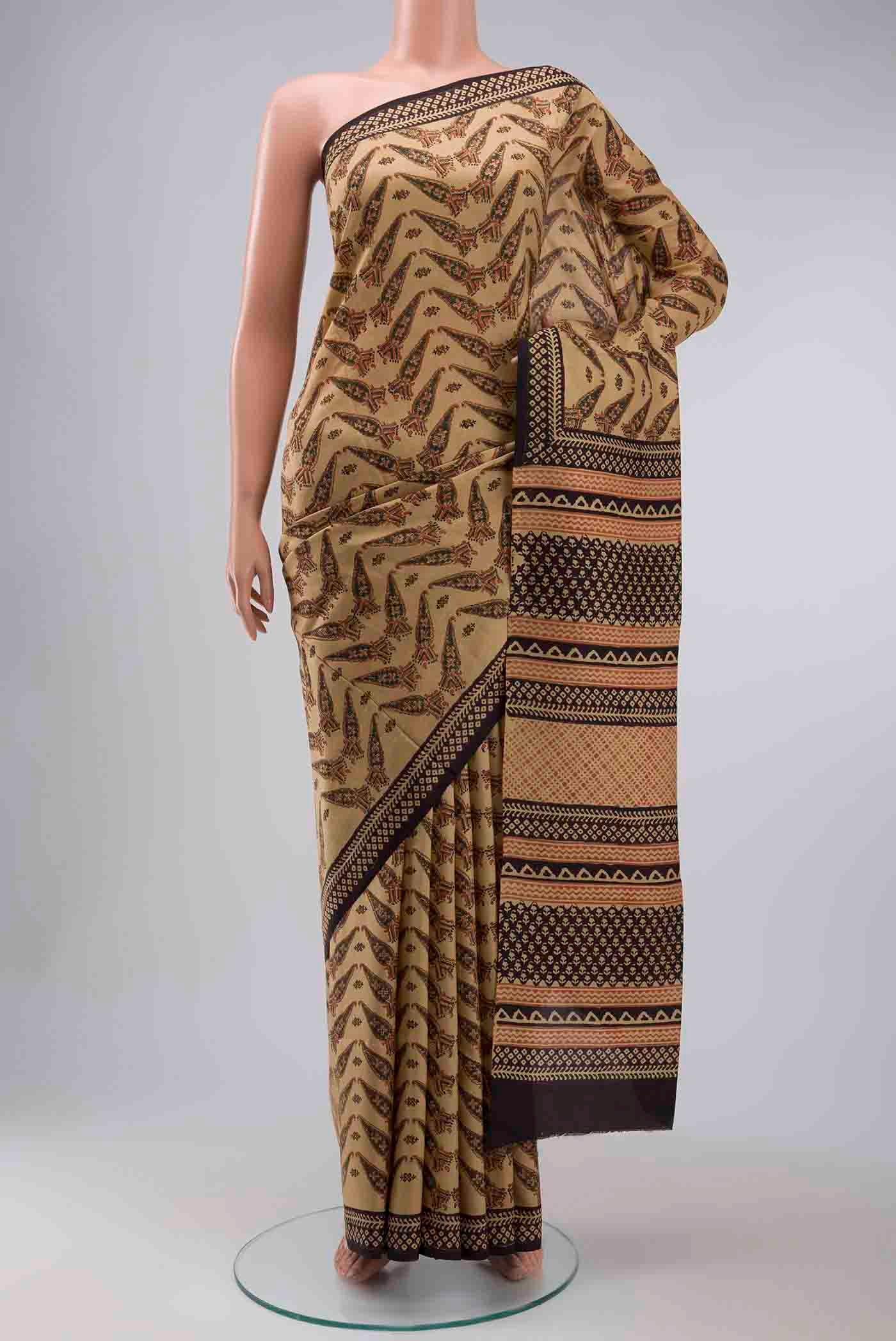 Beige Printed Silk Saree
