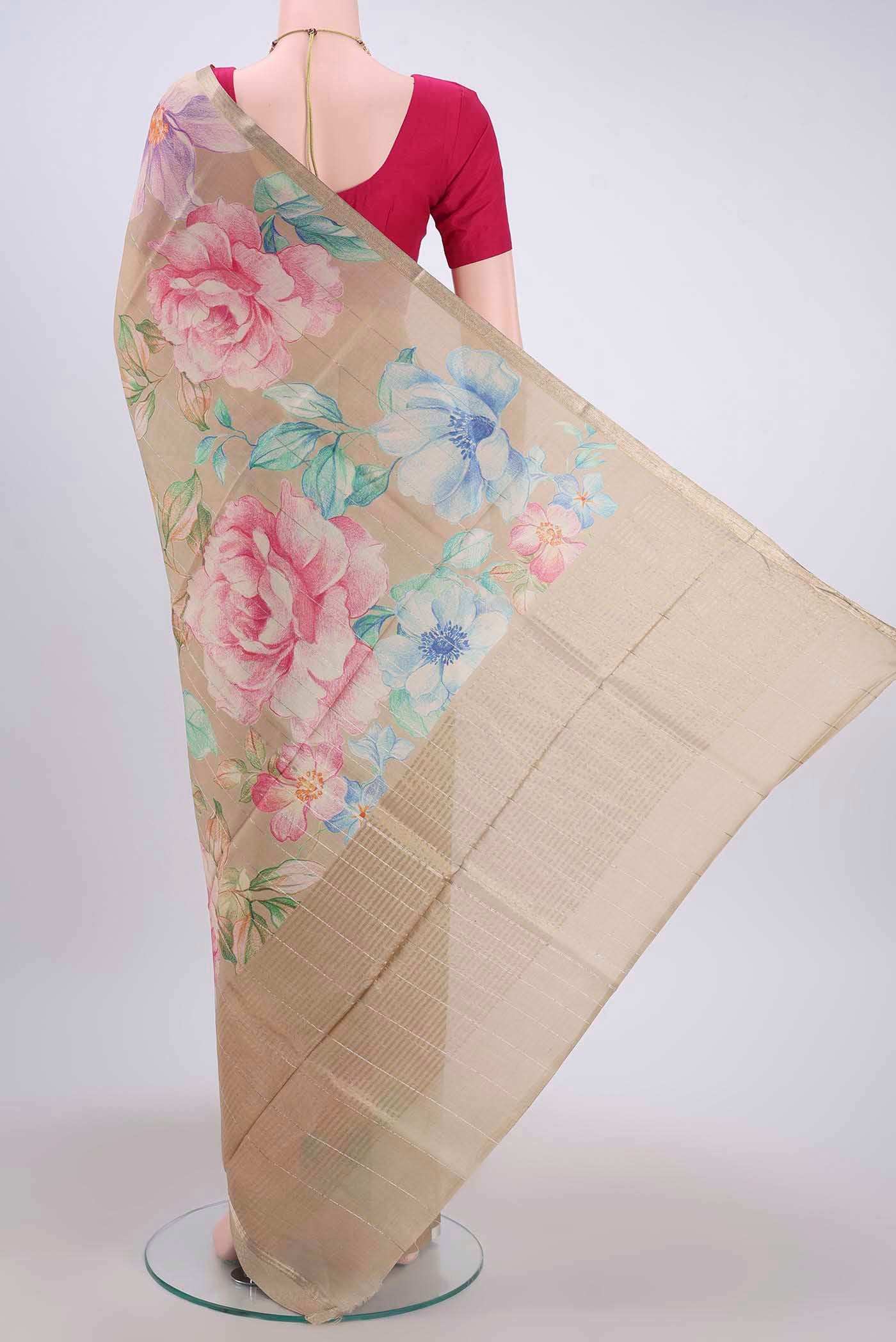 Beige Printed Silk Saree - Image 3
