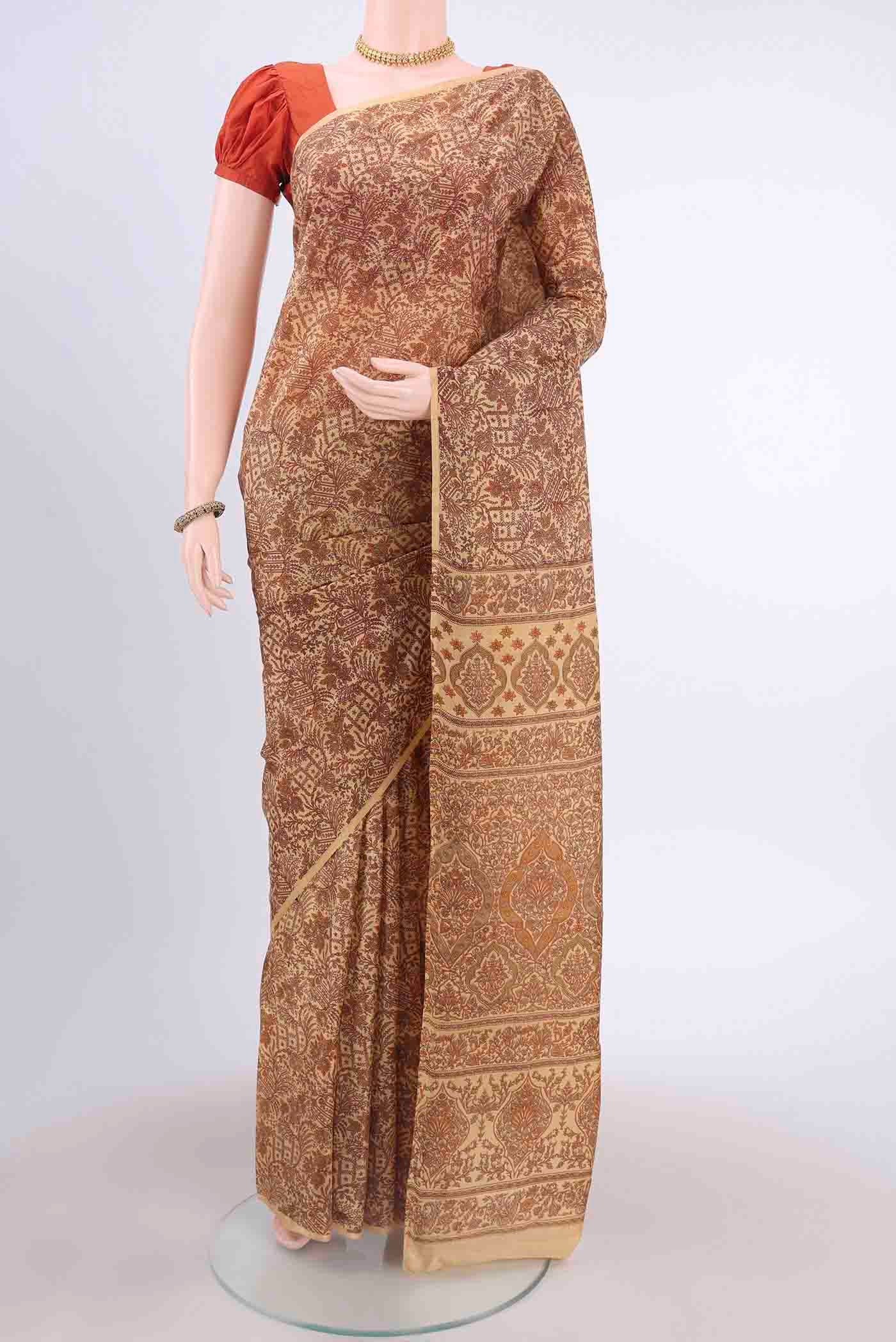 Beige Printed Silk Saree