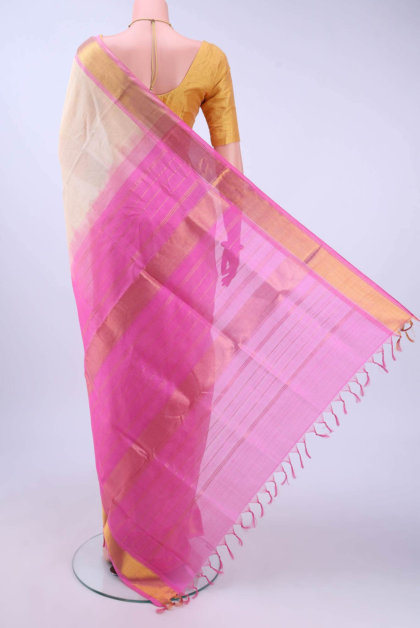 Beige Silk Cotton Saree - Image 3