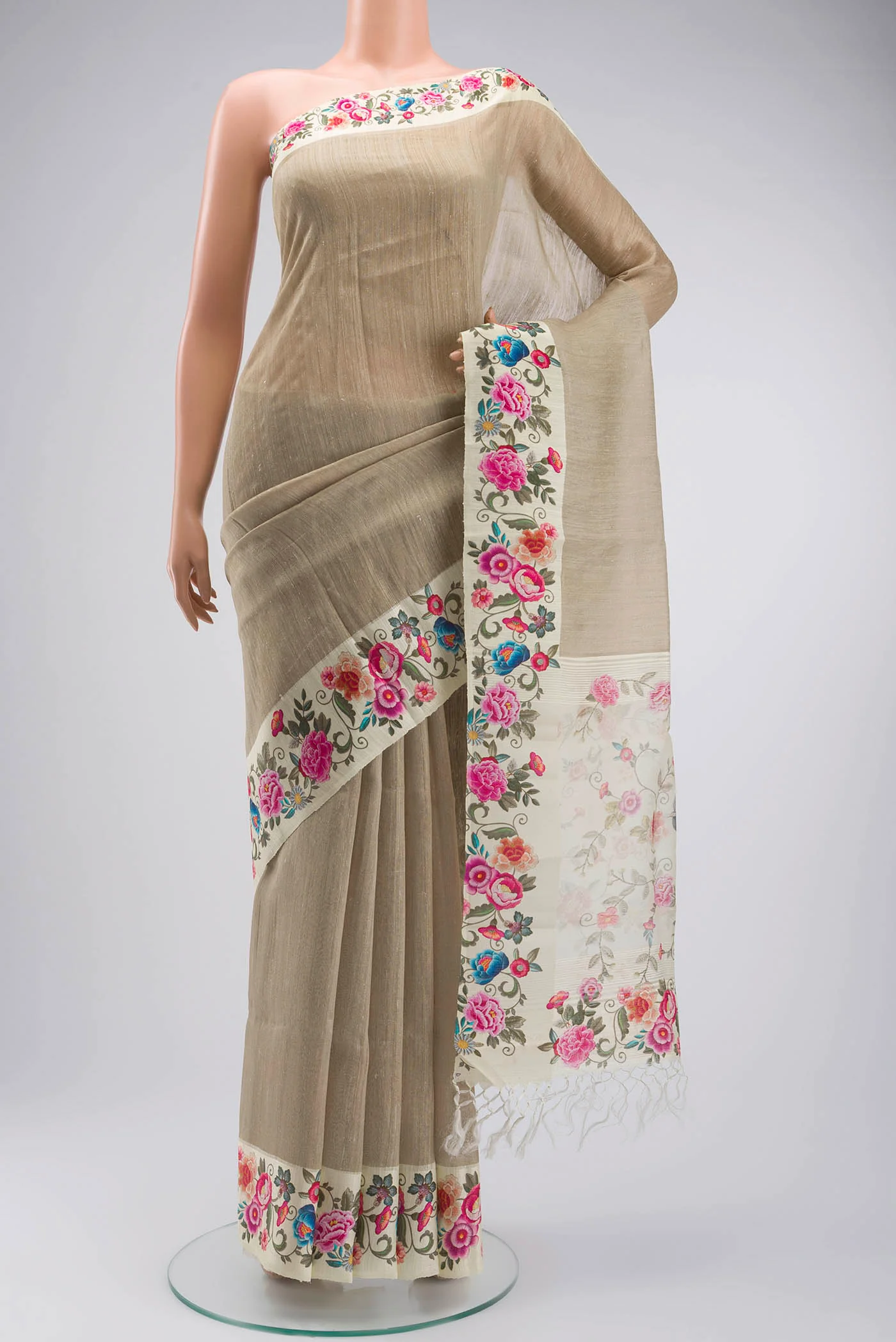 Beige Tussar Silk Saree