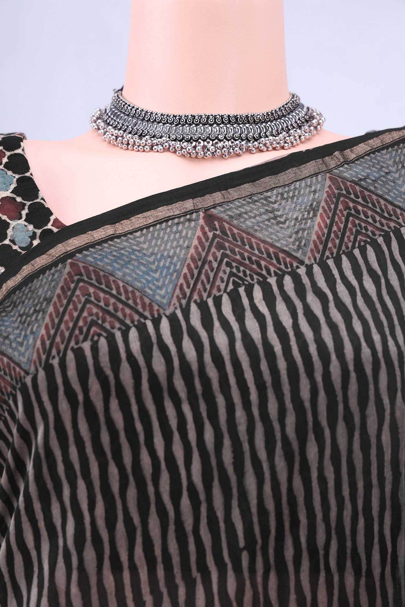 Black Chanderi Silk Cotton Saree - Image 3
