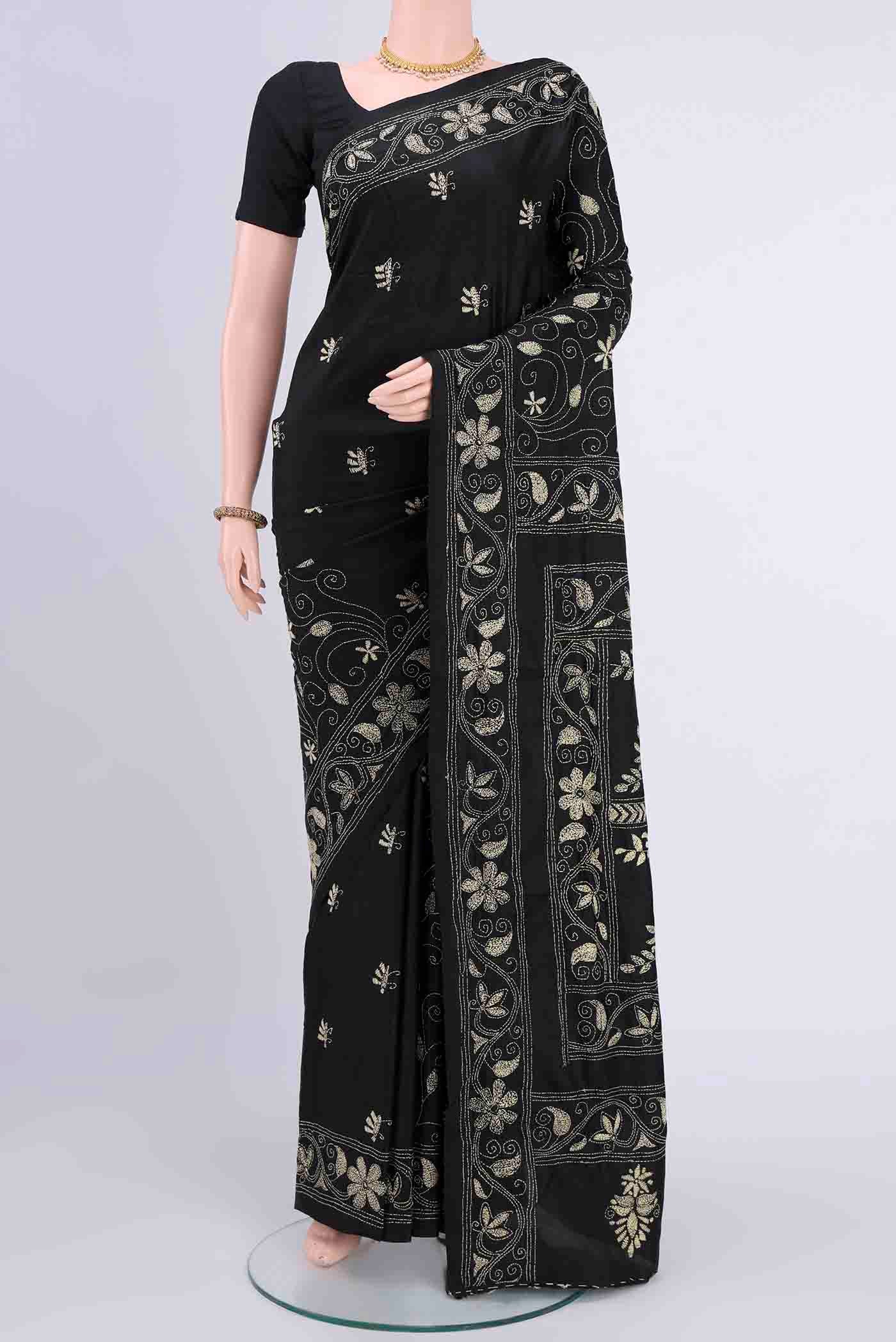 Black Kantha Silk Saree