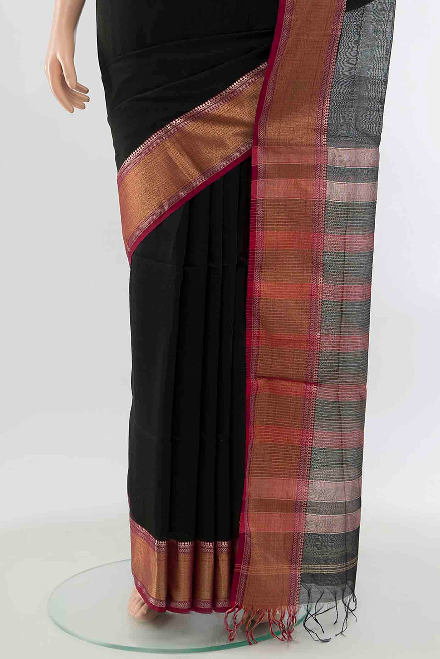Black Maheshwari Silk Cotton Saree - Image 3
