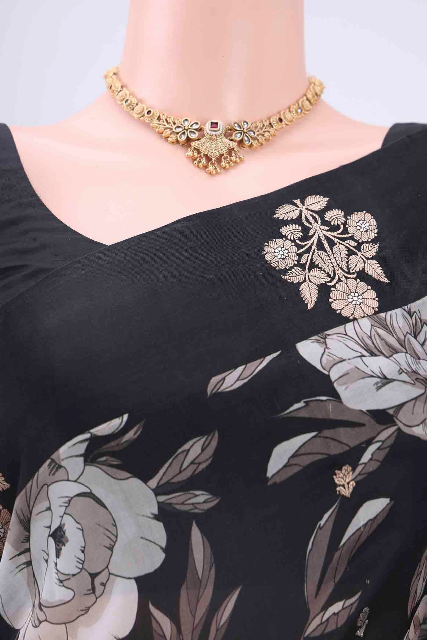 Black Printed Silk Saree - Image 2