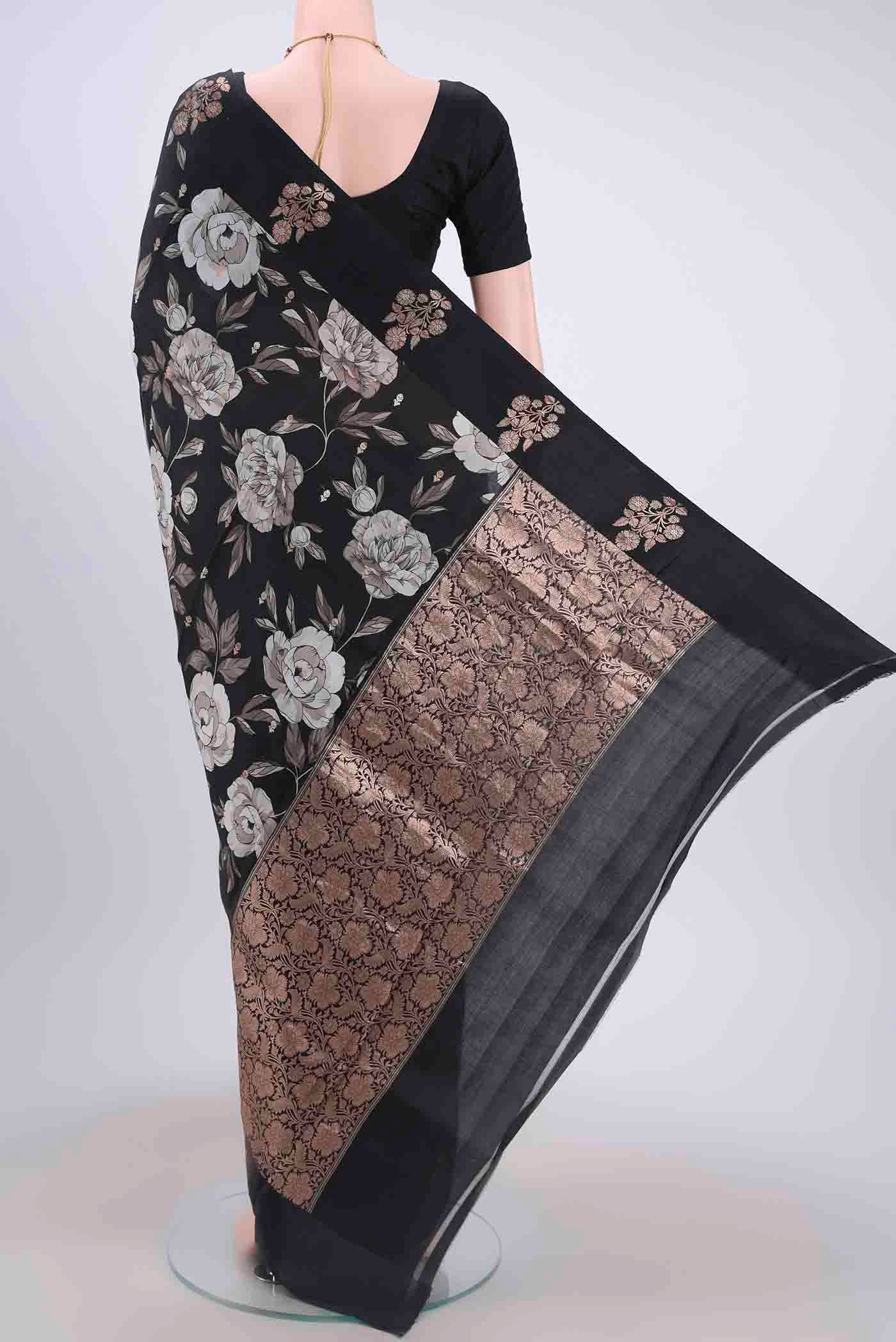 Black Printed Silk Saree - Image 3