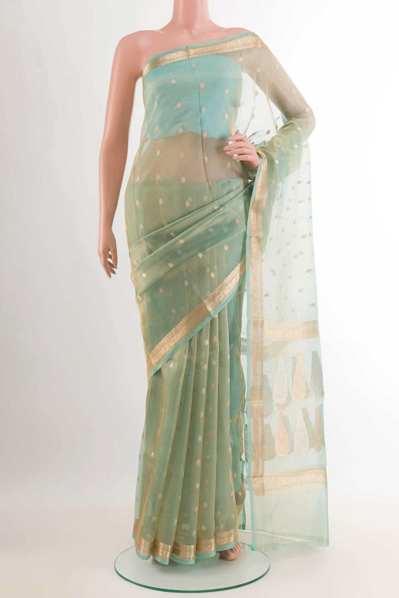 Blue with Gold Color Organza Silk Saree