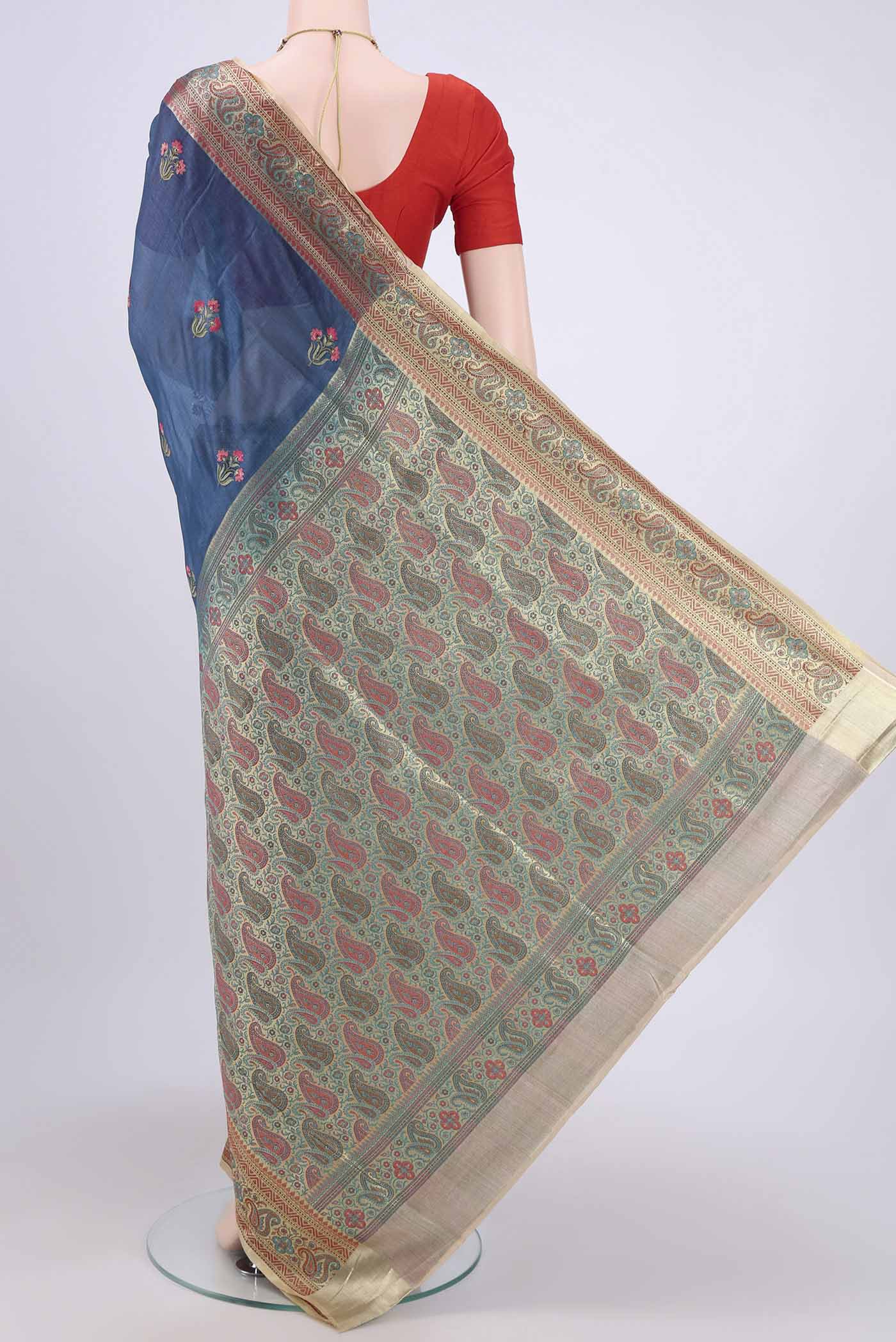 Blue Banarasi Tussar Silk Saree - Image 3