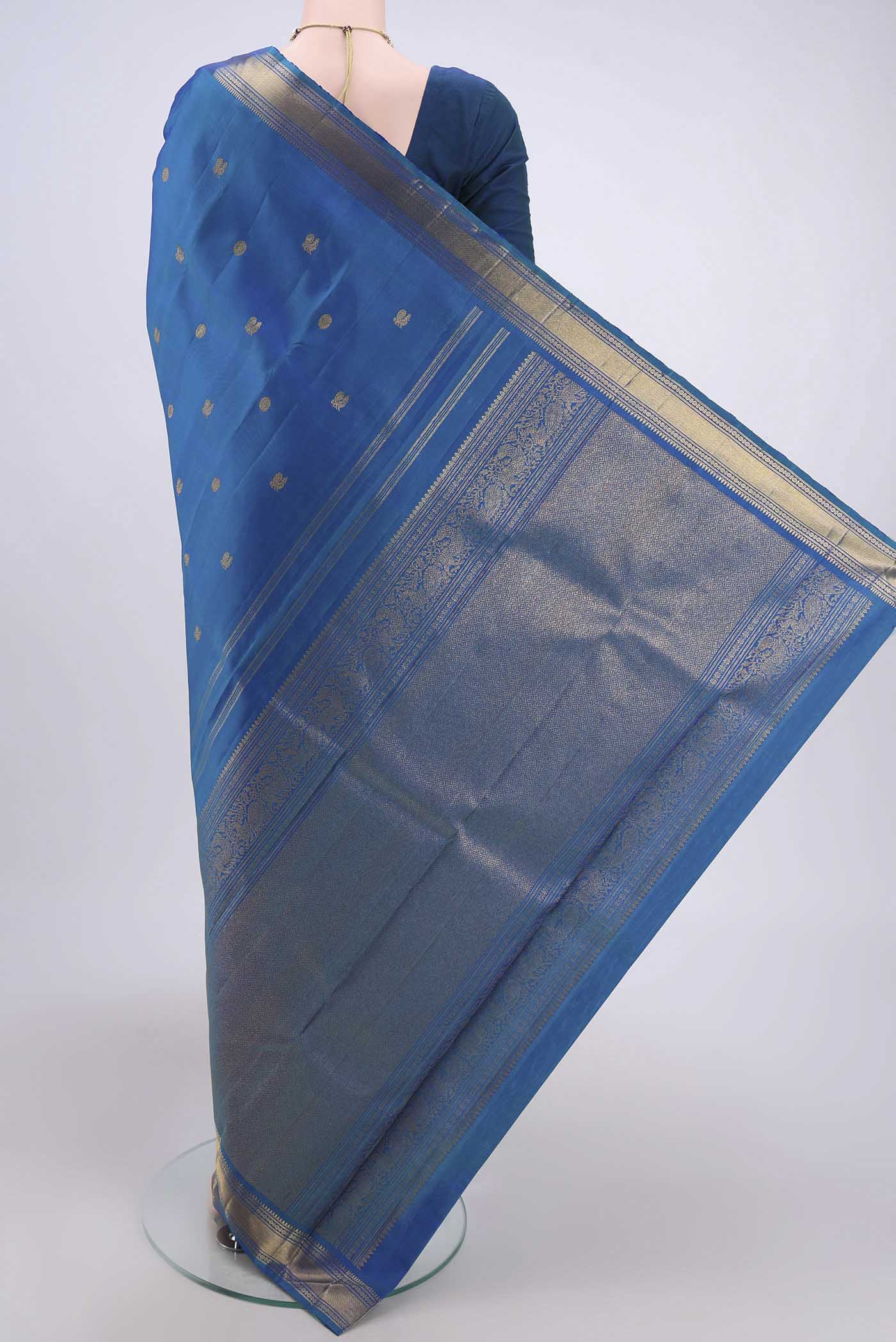 Pure Silk Pure Zari Blue Kanjivaram Saree - Image 3