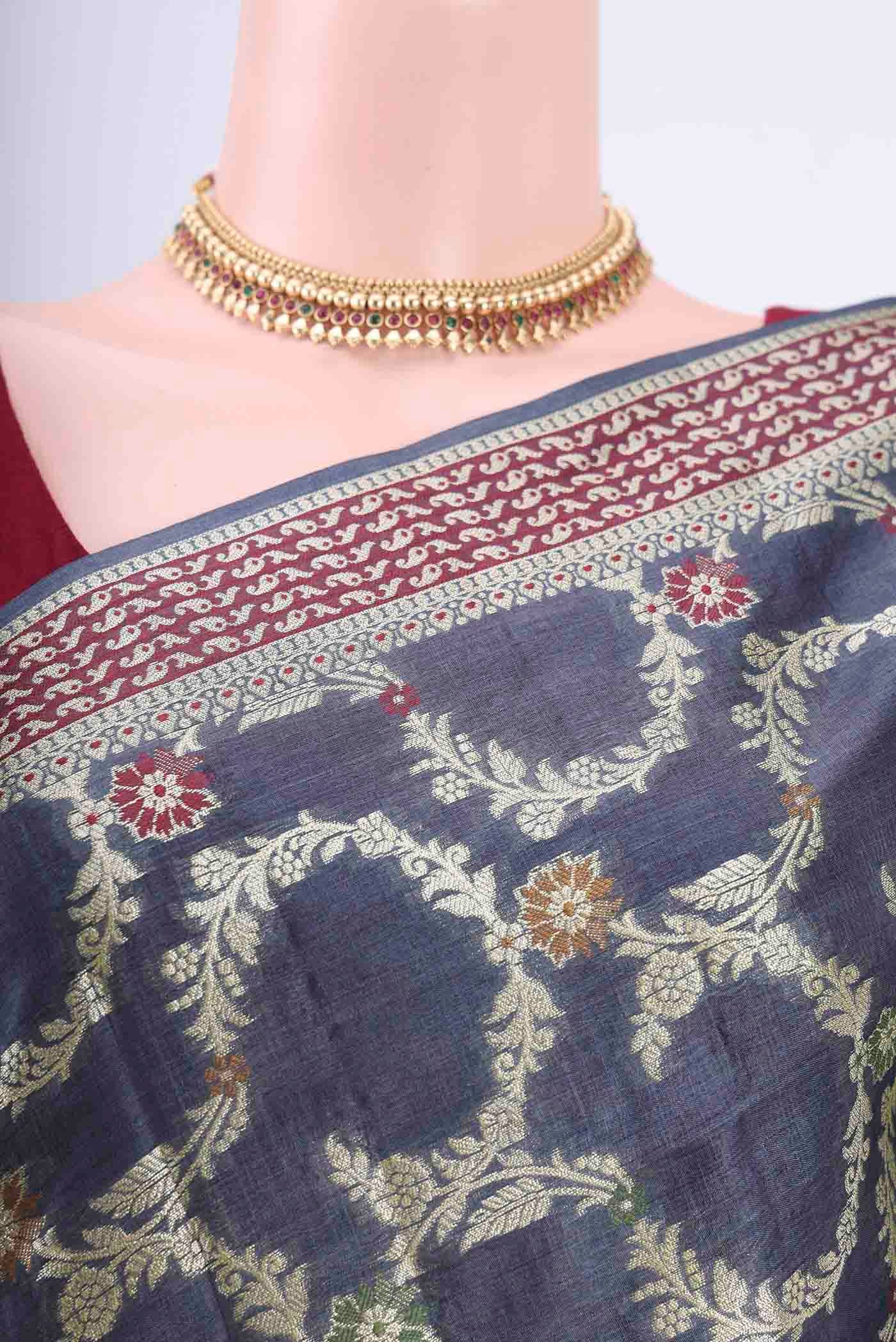 Blue Grey Banarasi Tussar Silk Saree - Image 2