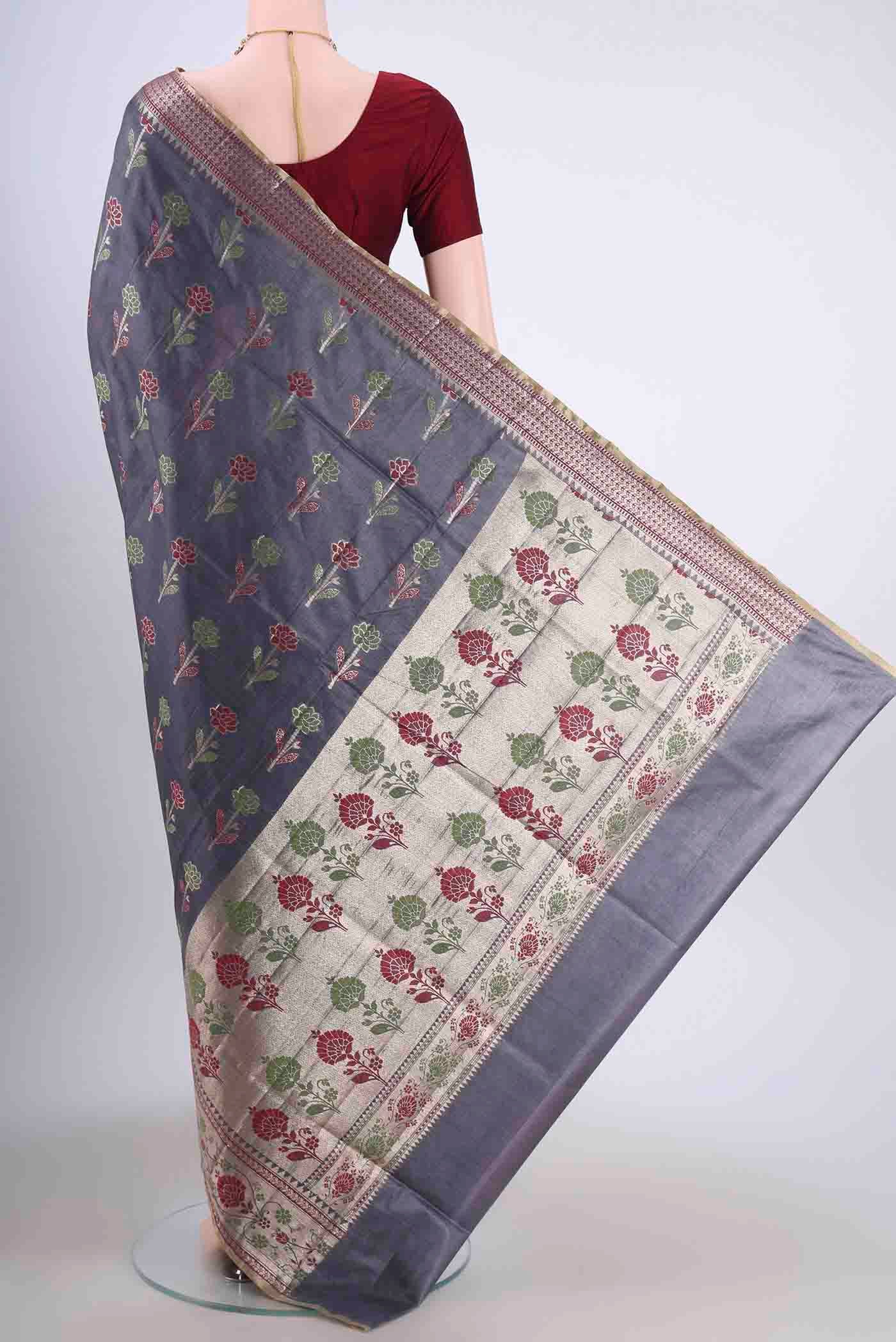Grey Banarasi Tussar Silk Saree - Image 3