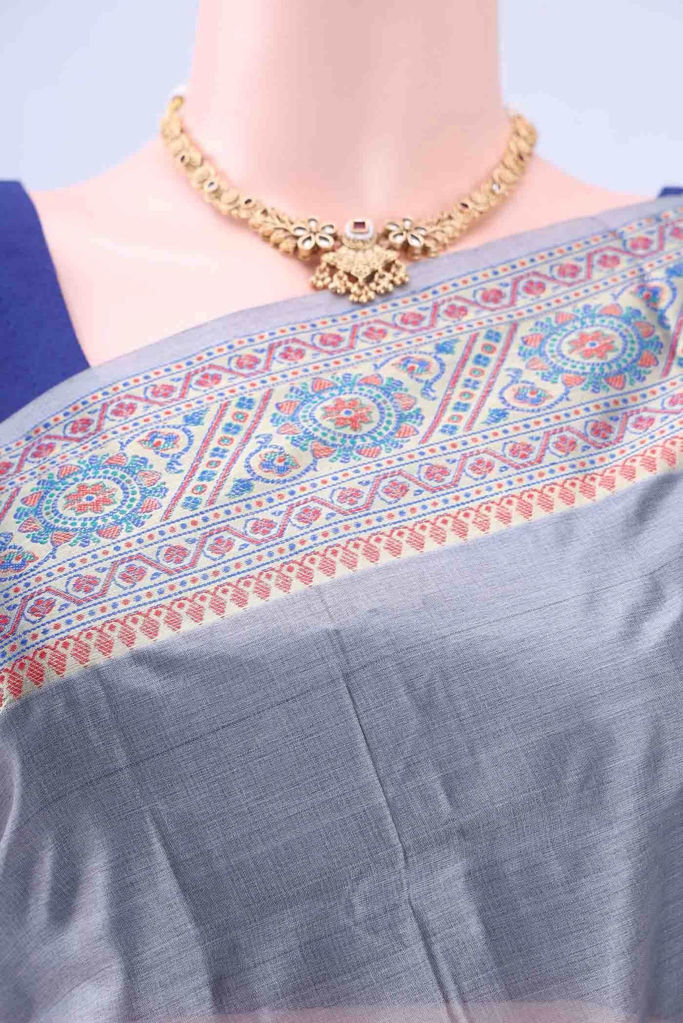 Blue Grey Banarasi Silk Saree - Image 3