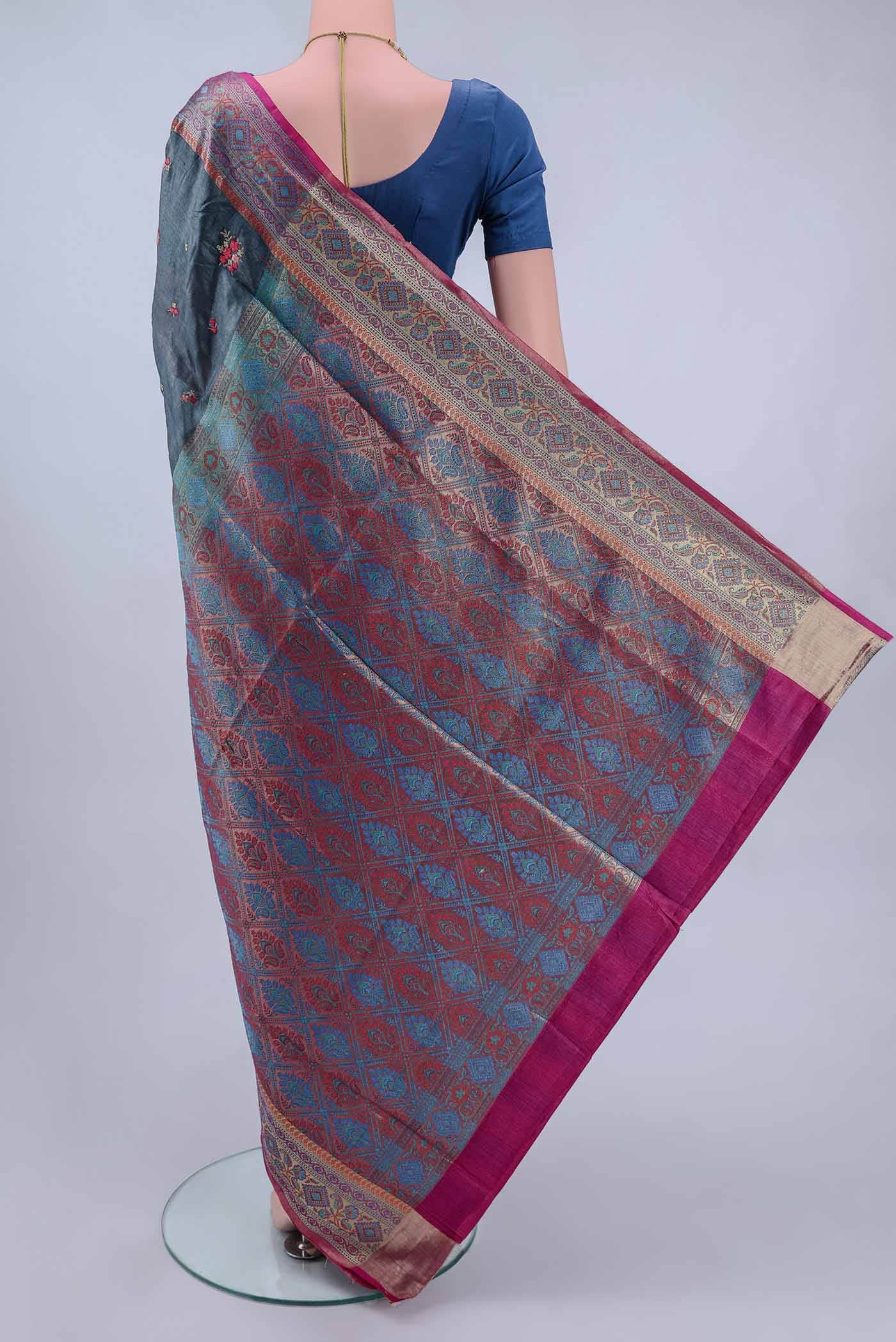 Blue Grey Banarasi Silk Saree - Image 2