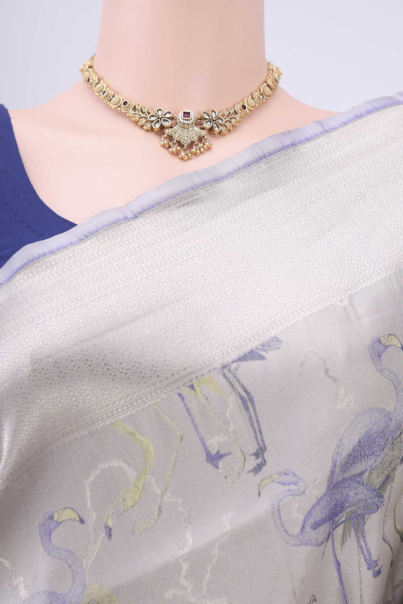 Blue Grey Dual Tone Banarasi Silk Saree - Image 2