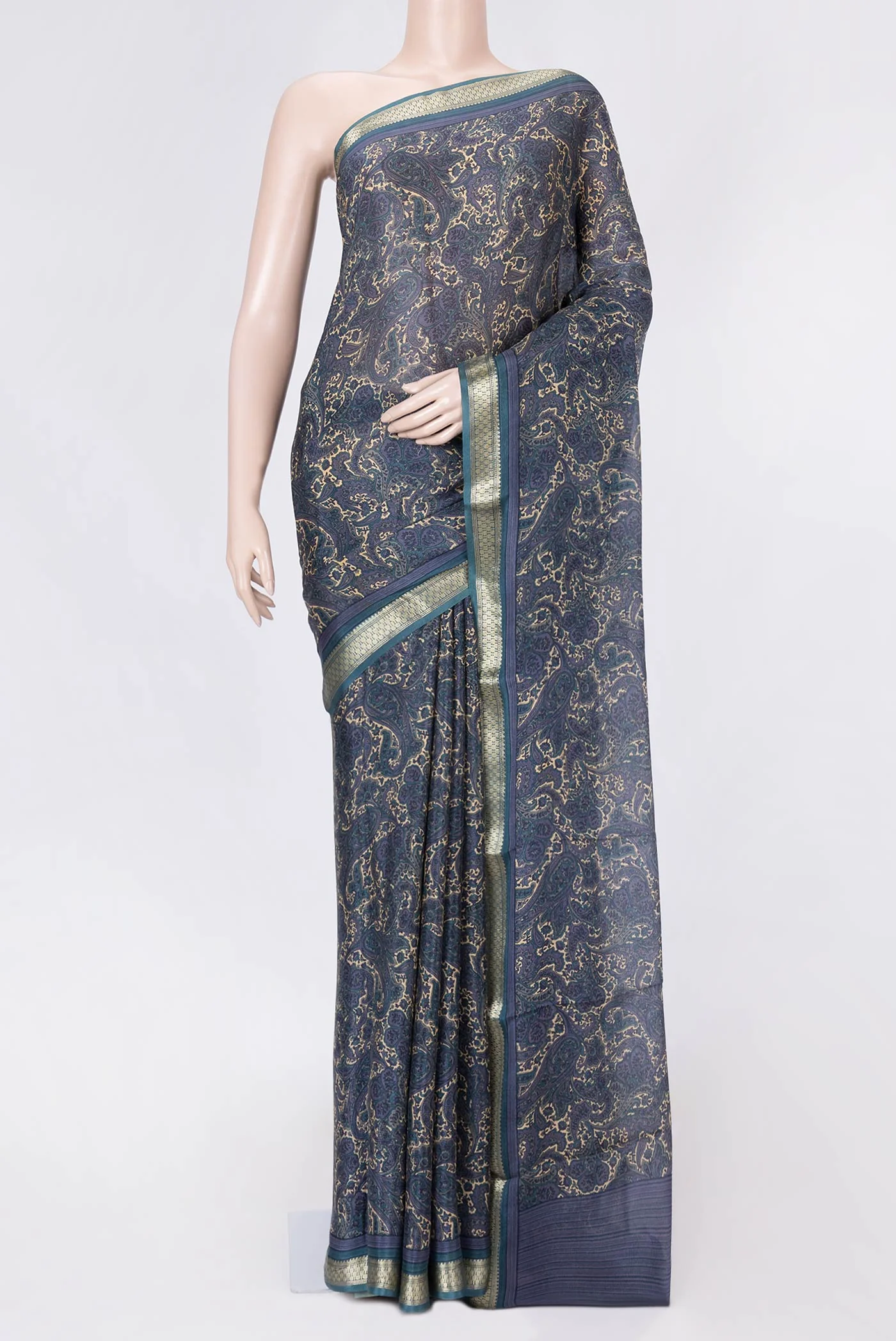 Blue Grey Dual Tone Mysore Crepe Saree