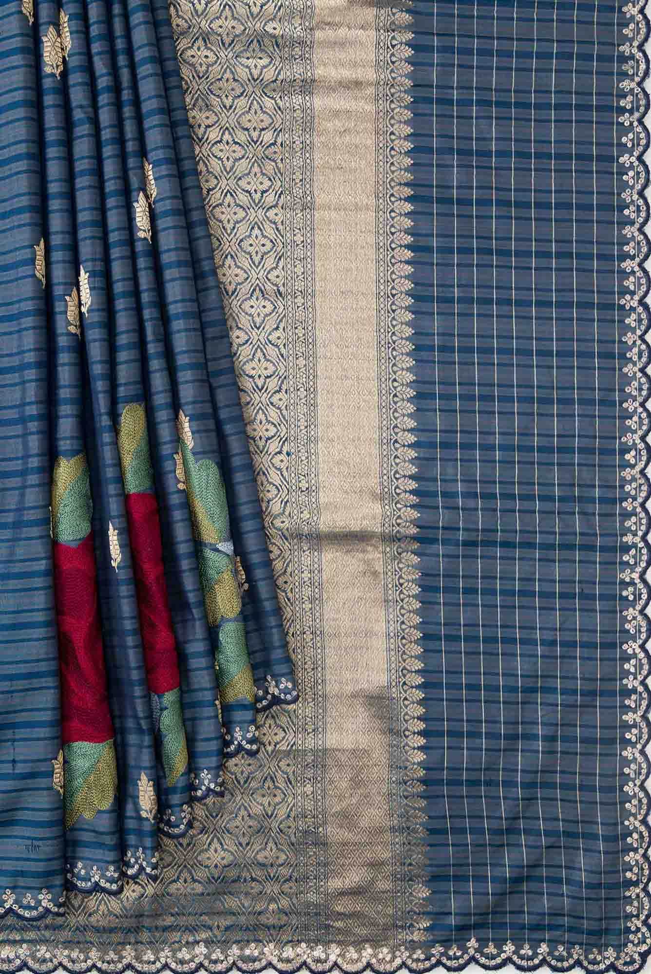 Blue Grey Dual Tone Tussar Silk Saree - Image 2
