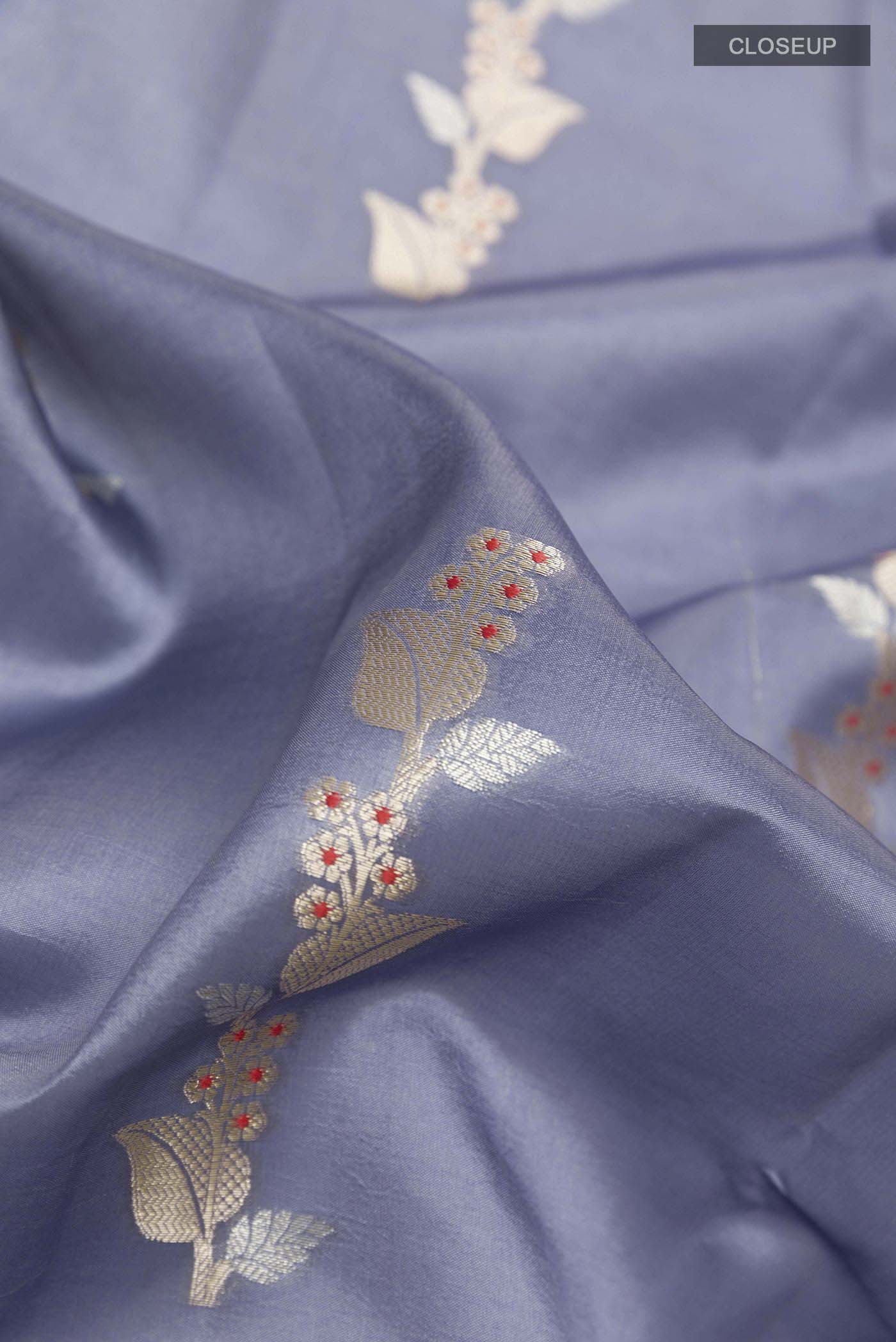 Blue Grey Banarasi Raw Silk Saree - Image 2