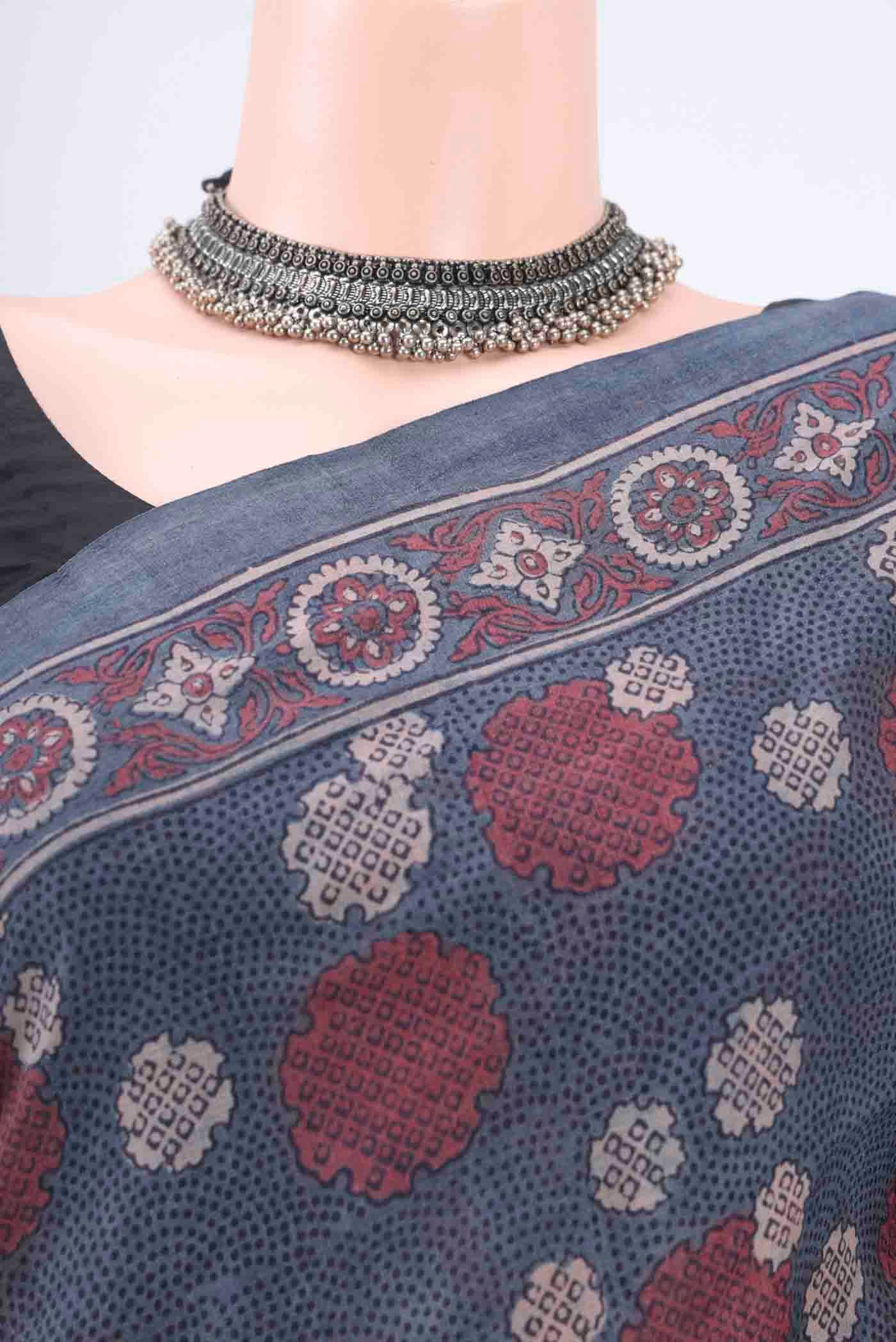 Blue Grey Tussar Silk Saree - Image 2