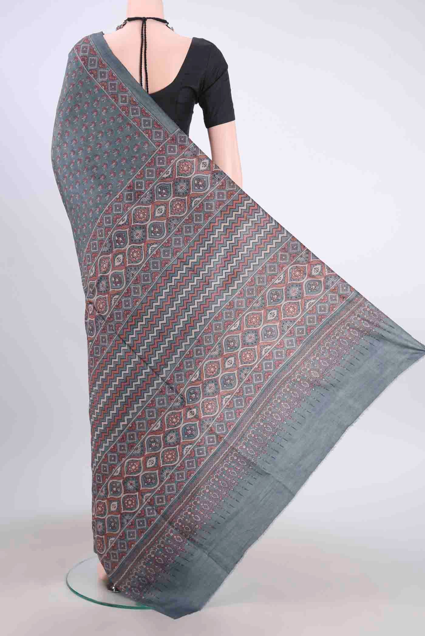 Blue Grey Tussar Silk Saree - Image 3