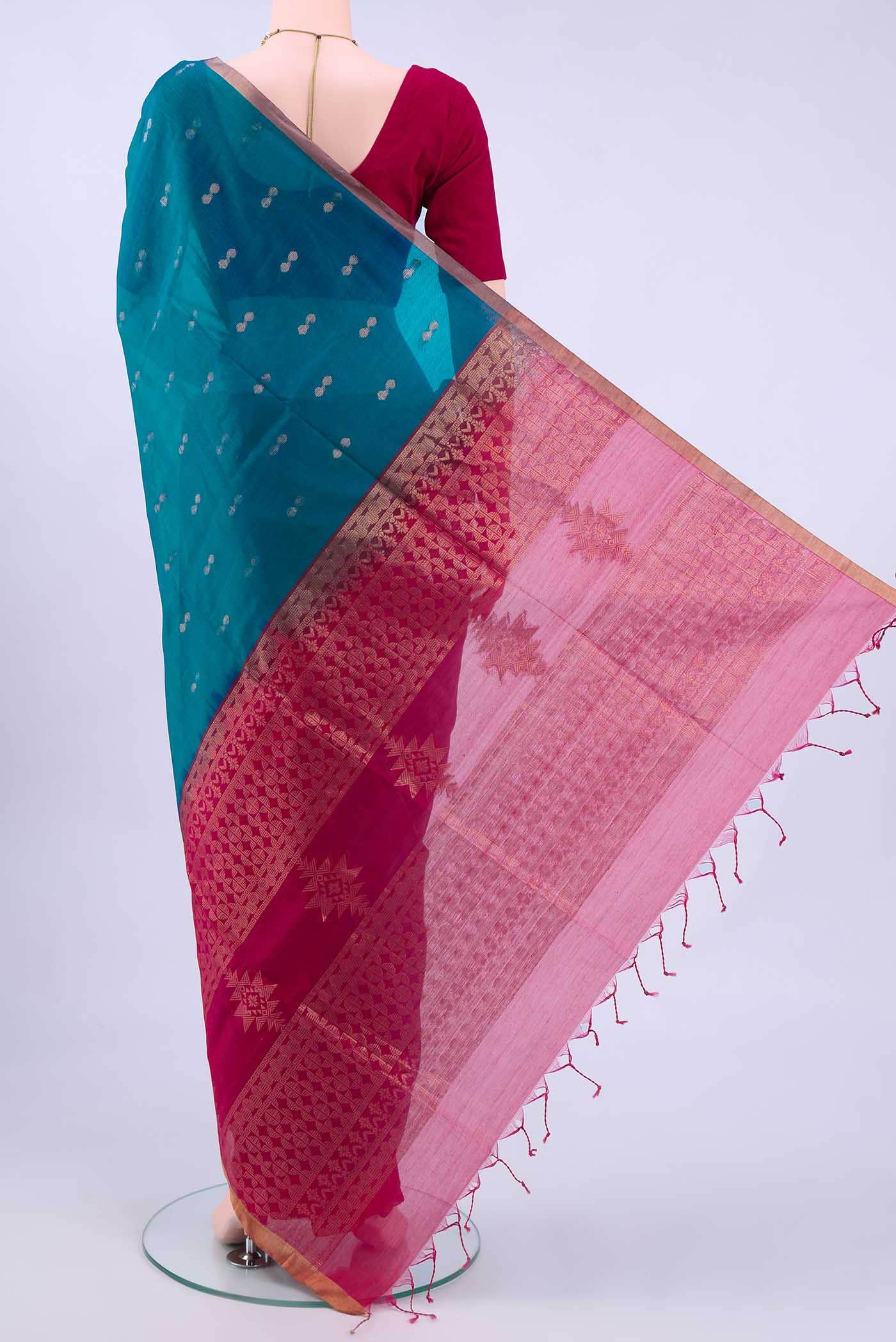 Blue Kora Cotton Saree - Image 2