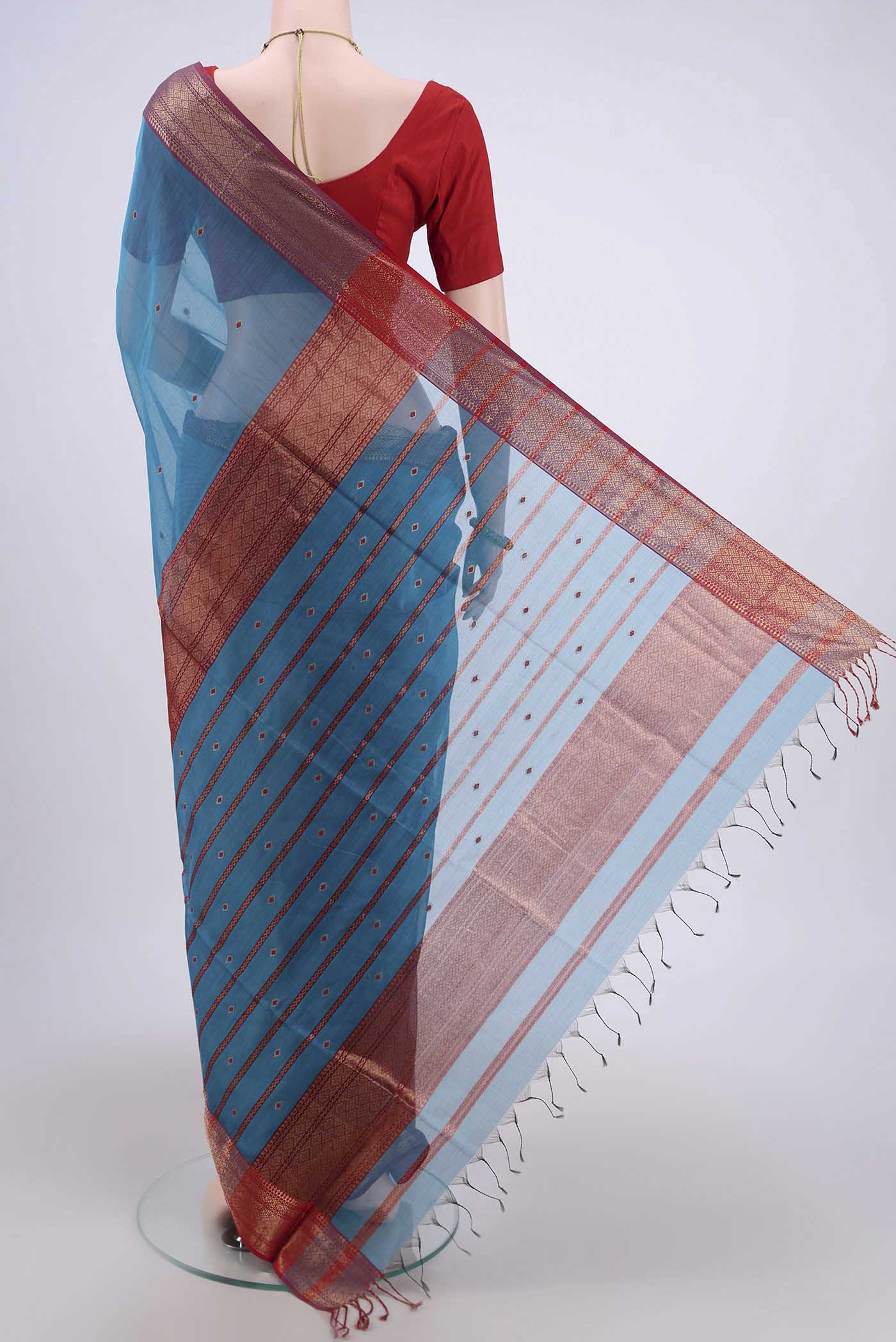 Sky Blue Maheshwari Silk Cotton Saree - Image 3