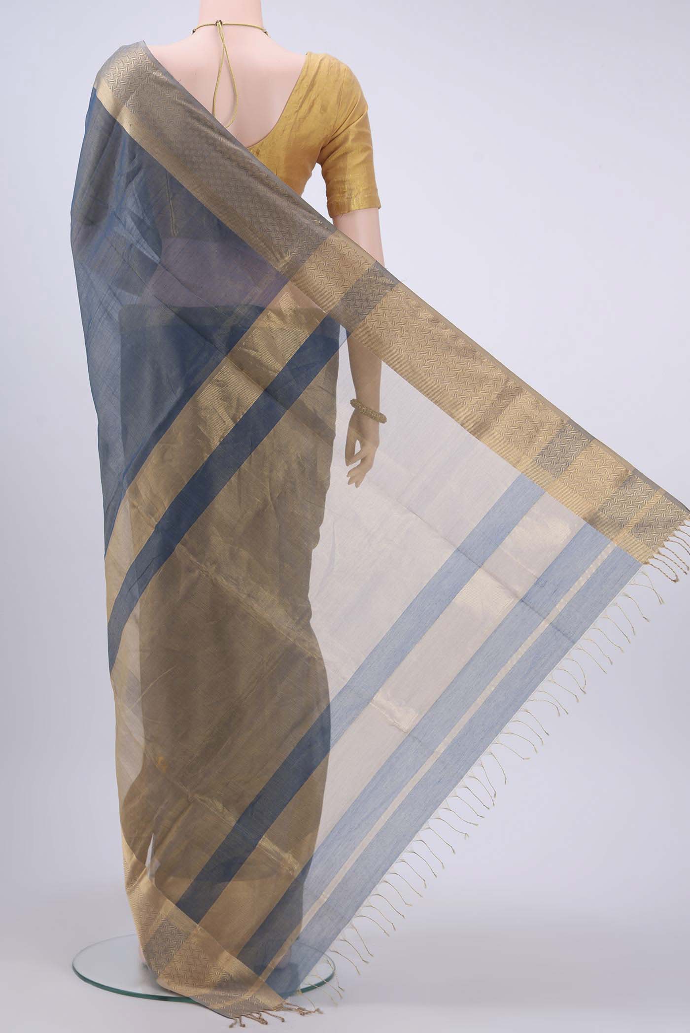 Blue Maheshwari Silk Cotton Saree - Image 3