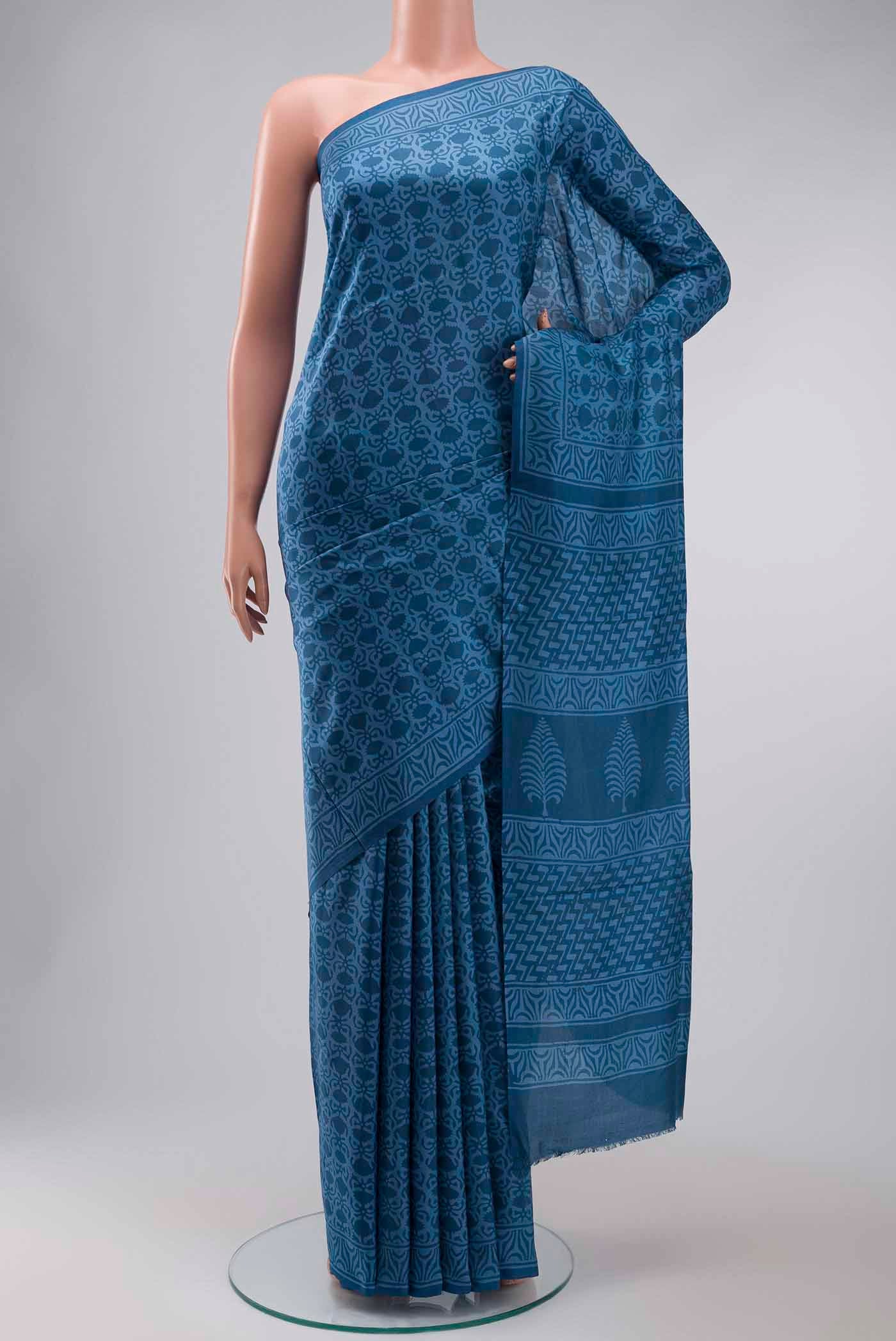 Blue Printed Silk Saree