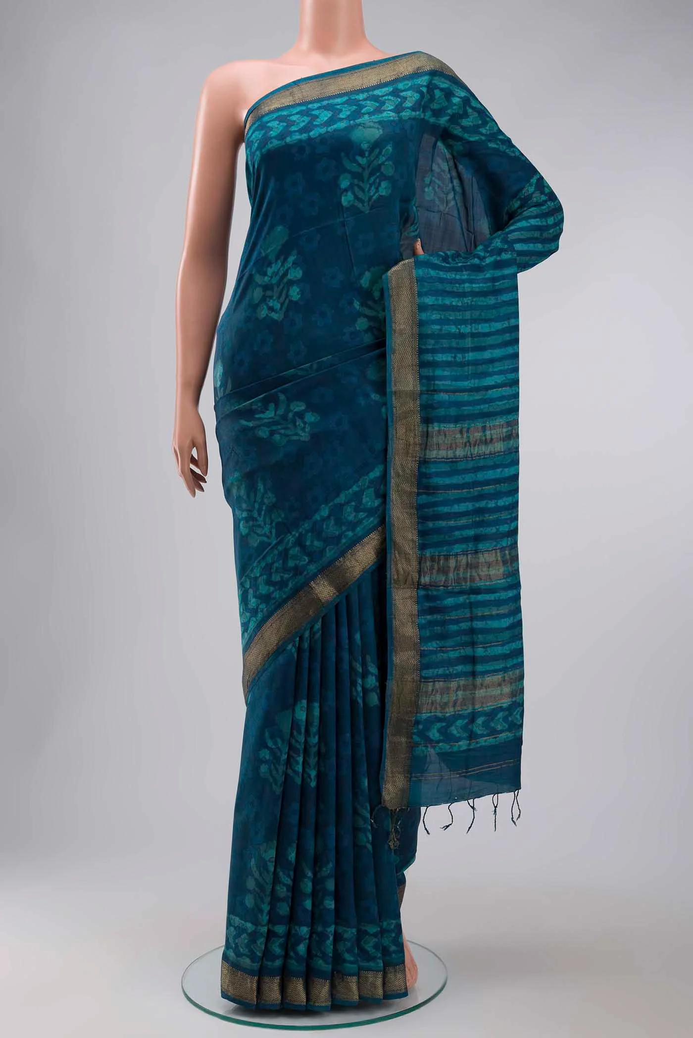 Blue Printed Silk Saree