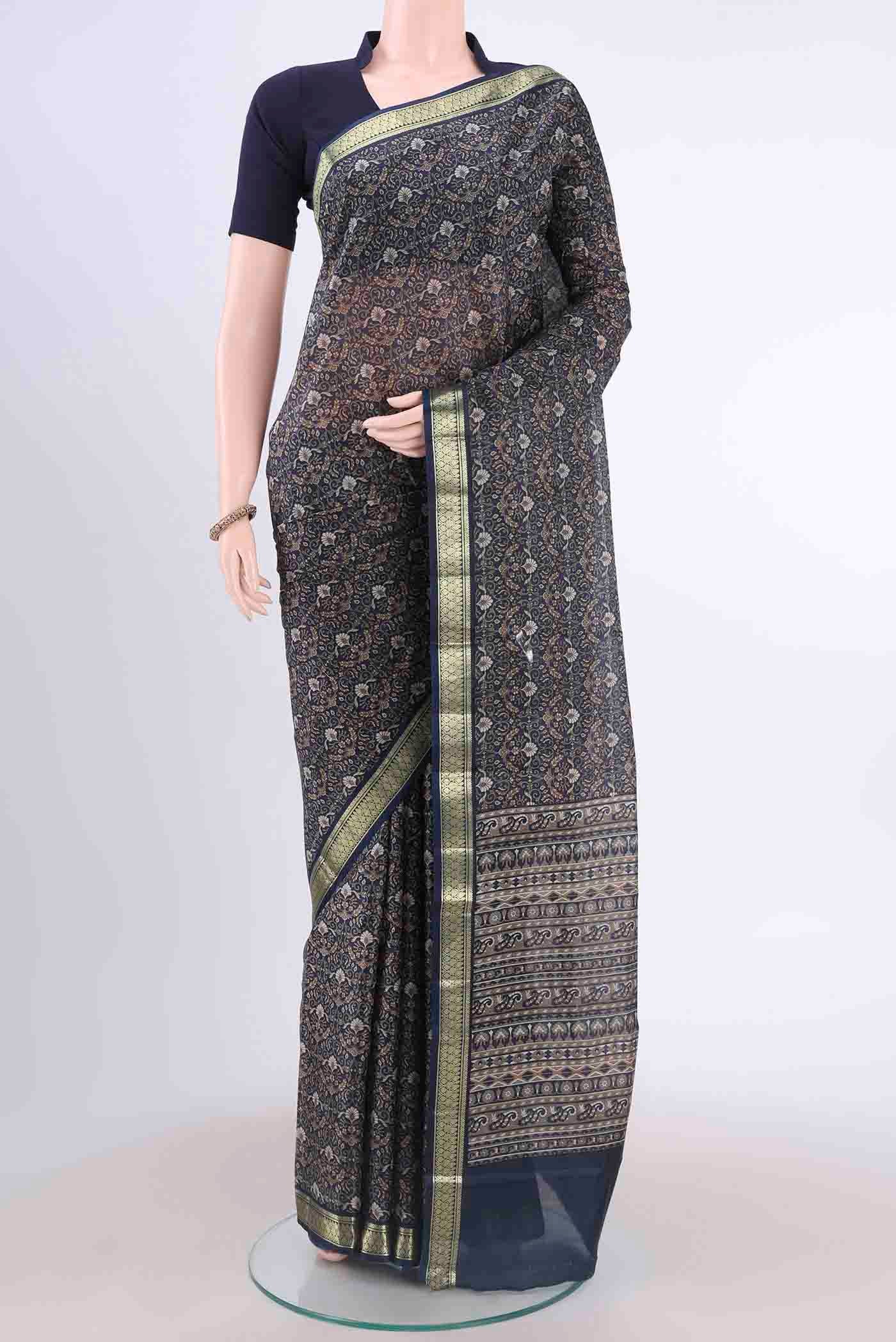 Blue Printed Silk Saree