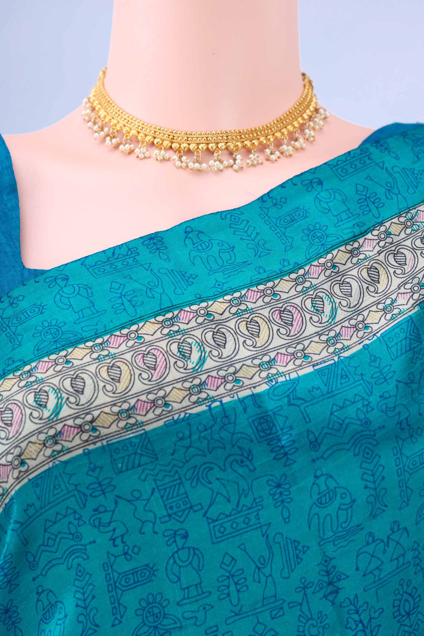 Blue Printed Silk Saree - Image 2