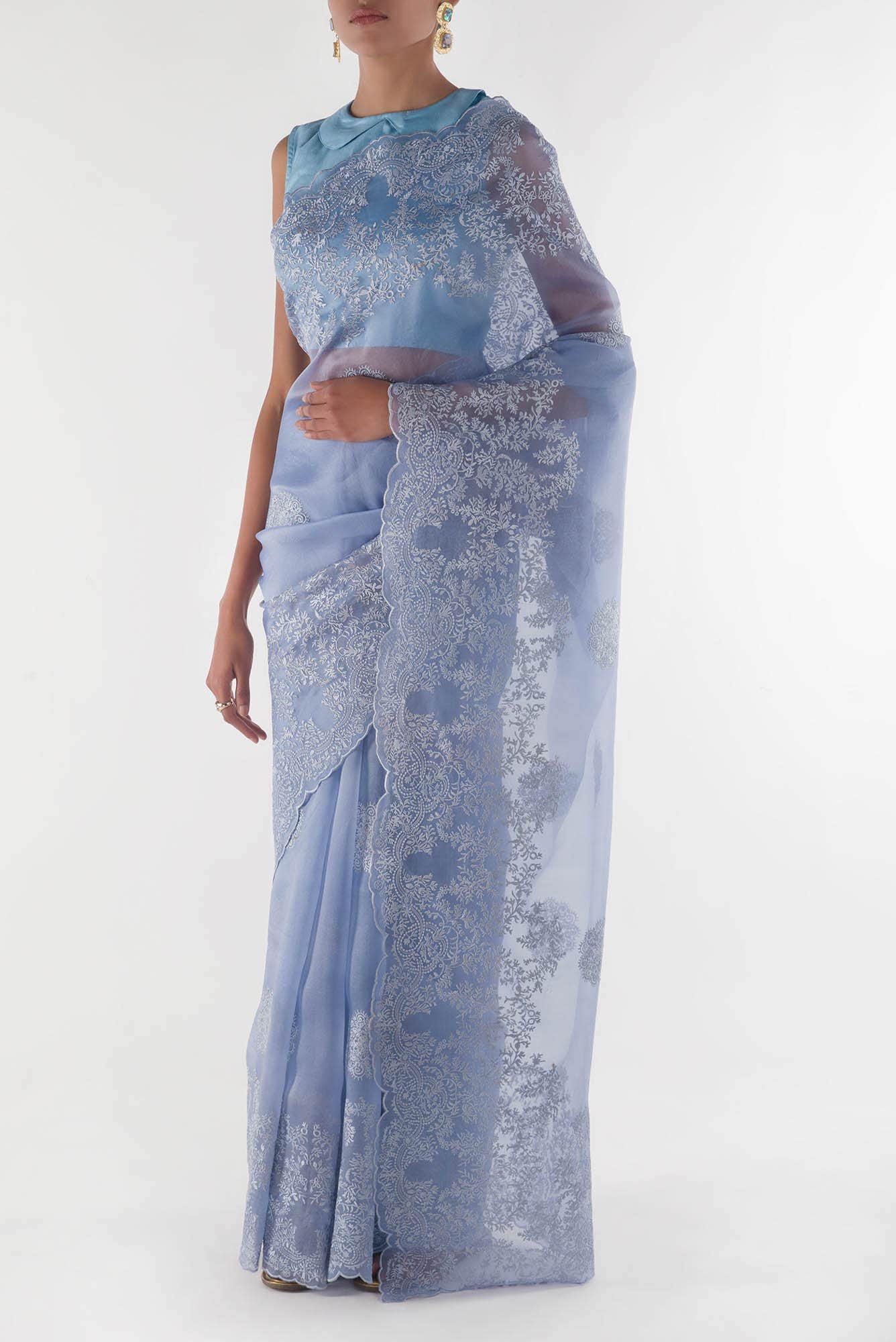 Garden of Eden Blue floral design saree from Embroidered Romance Collection by Nalli - Image 3