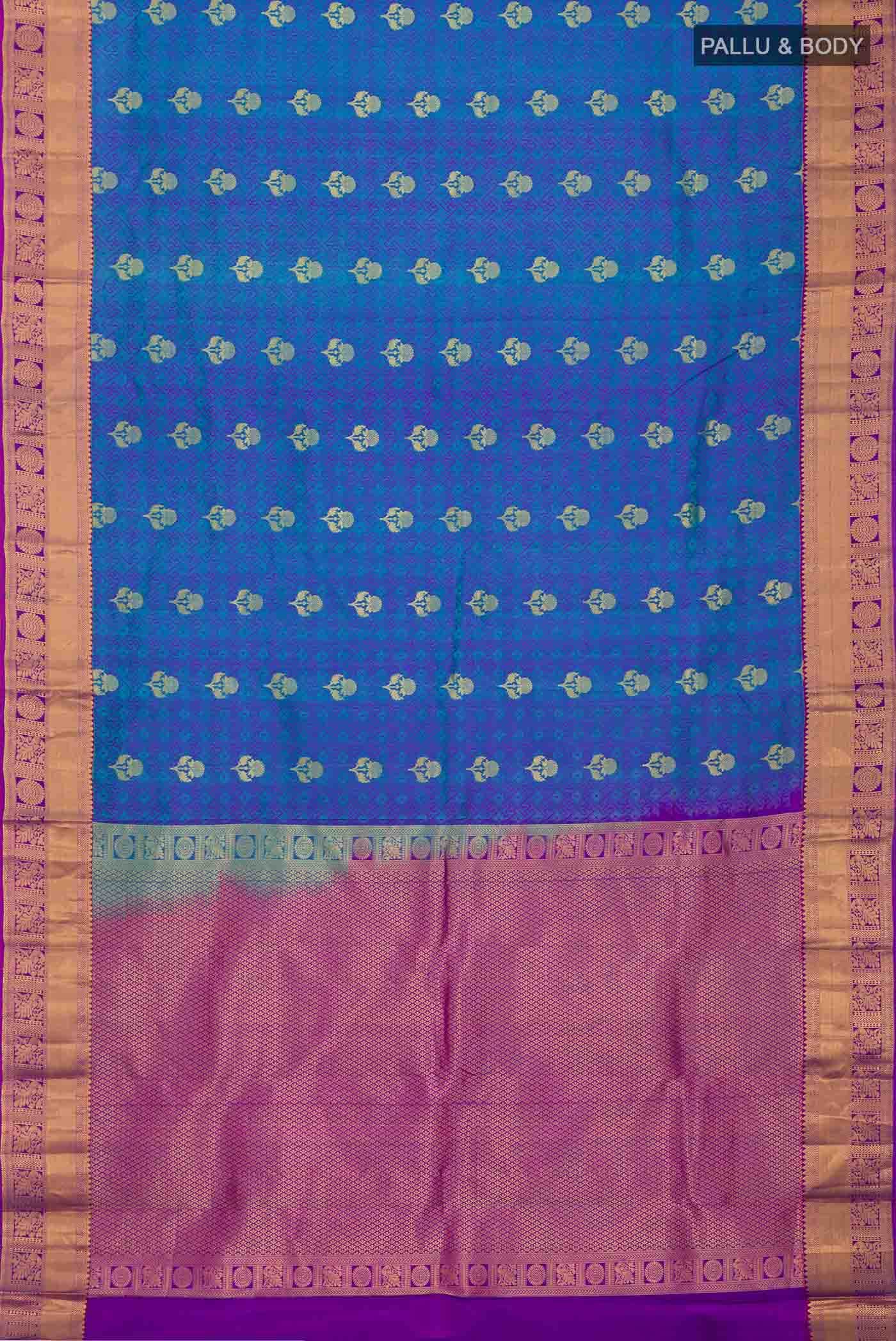 Blue with Green Dual Tone Kanchipuram Silk Saree - Image 4