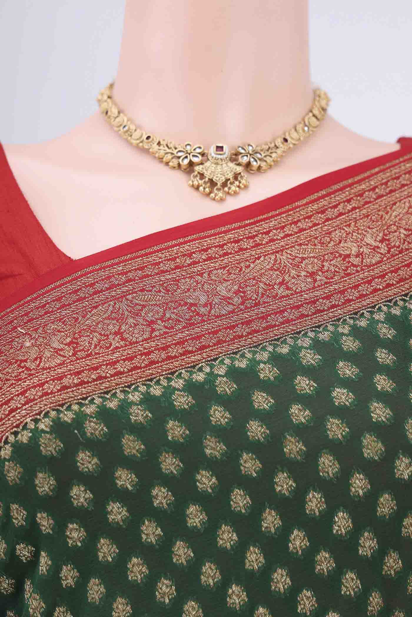 Bottle Green Banarasi Georgette Saree - Image 2