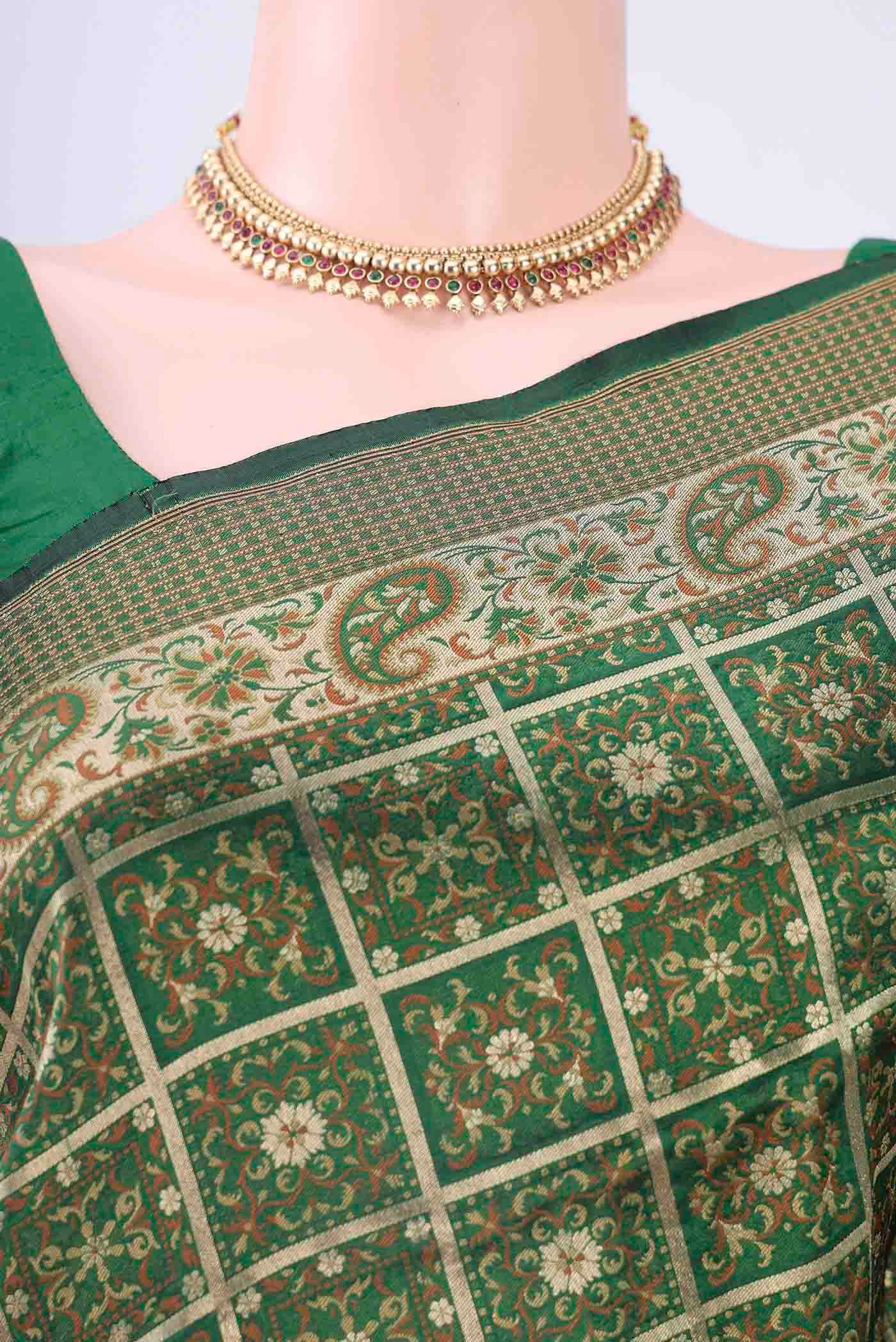 Bottle Green Banarasi Jamavar Saree - Image 2