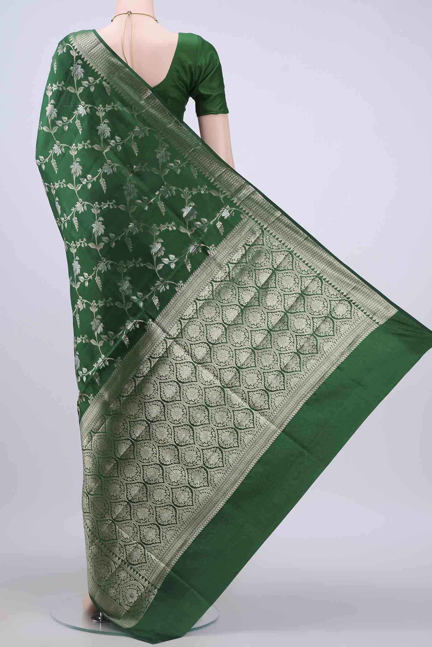 Bottle Green Banarasi Raw Silk Saree - Image 3