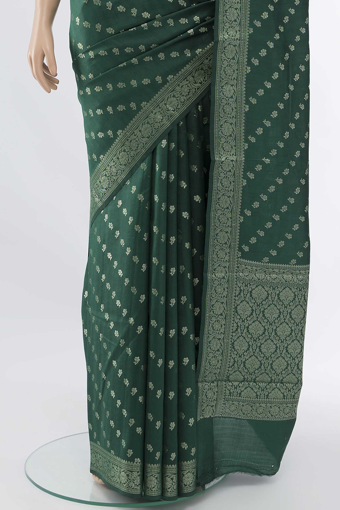 Bottle Green Banarasi Raw Silk Saree - Image 3