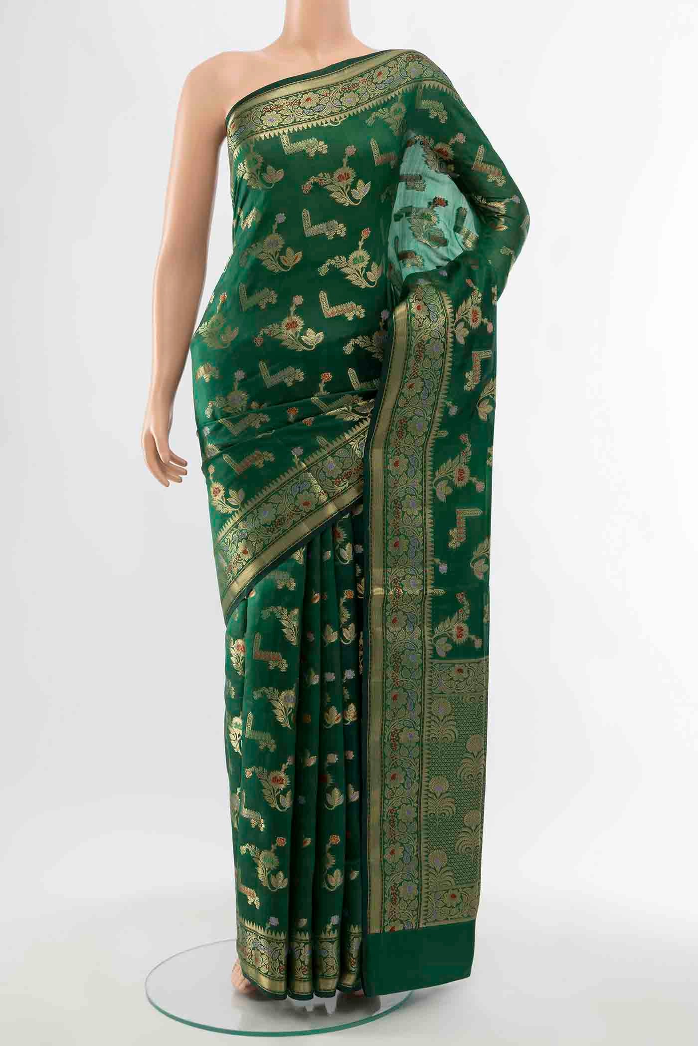 Bottle Green Banarasi Raw Silk Saree