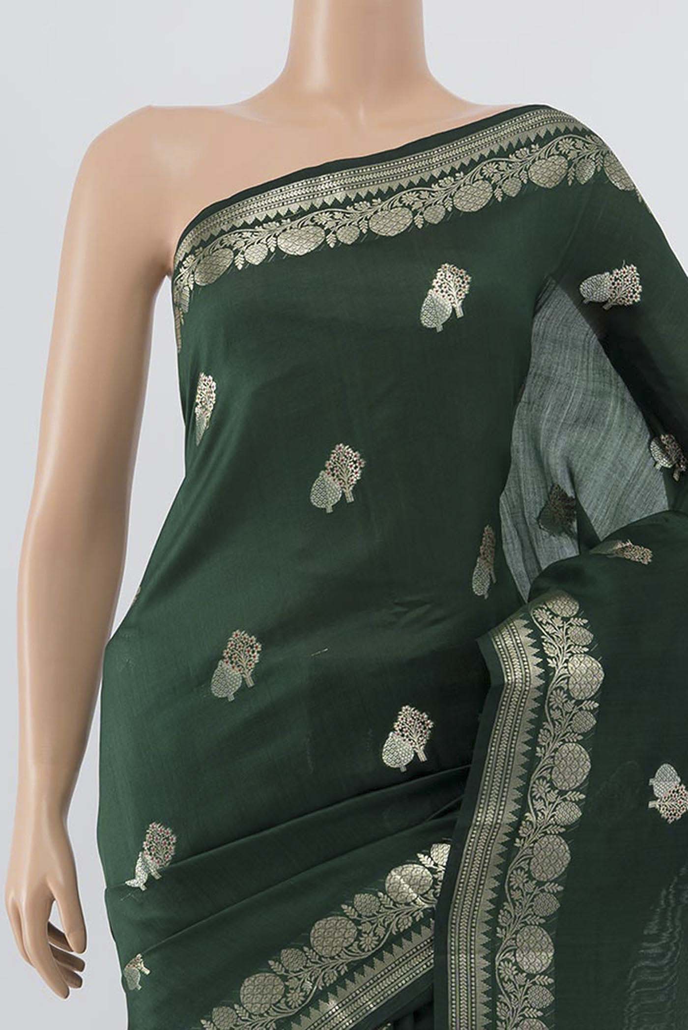 Bottle Green Banarasi Raw Silk Saree - Image 2