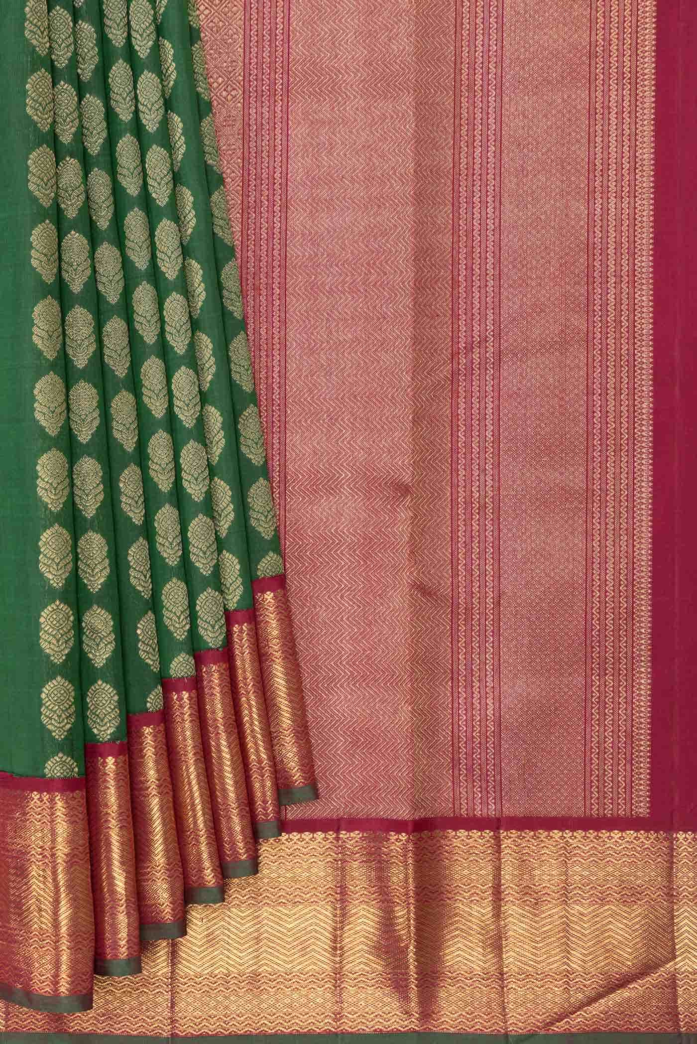 Pure Silk Pure Zari Bottle Green Dual Tone Kanjivaram Saree - Image 2